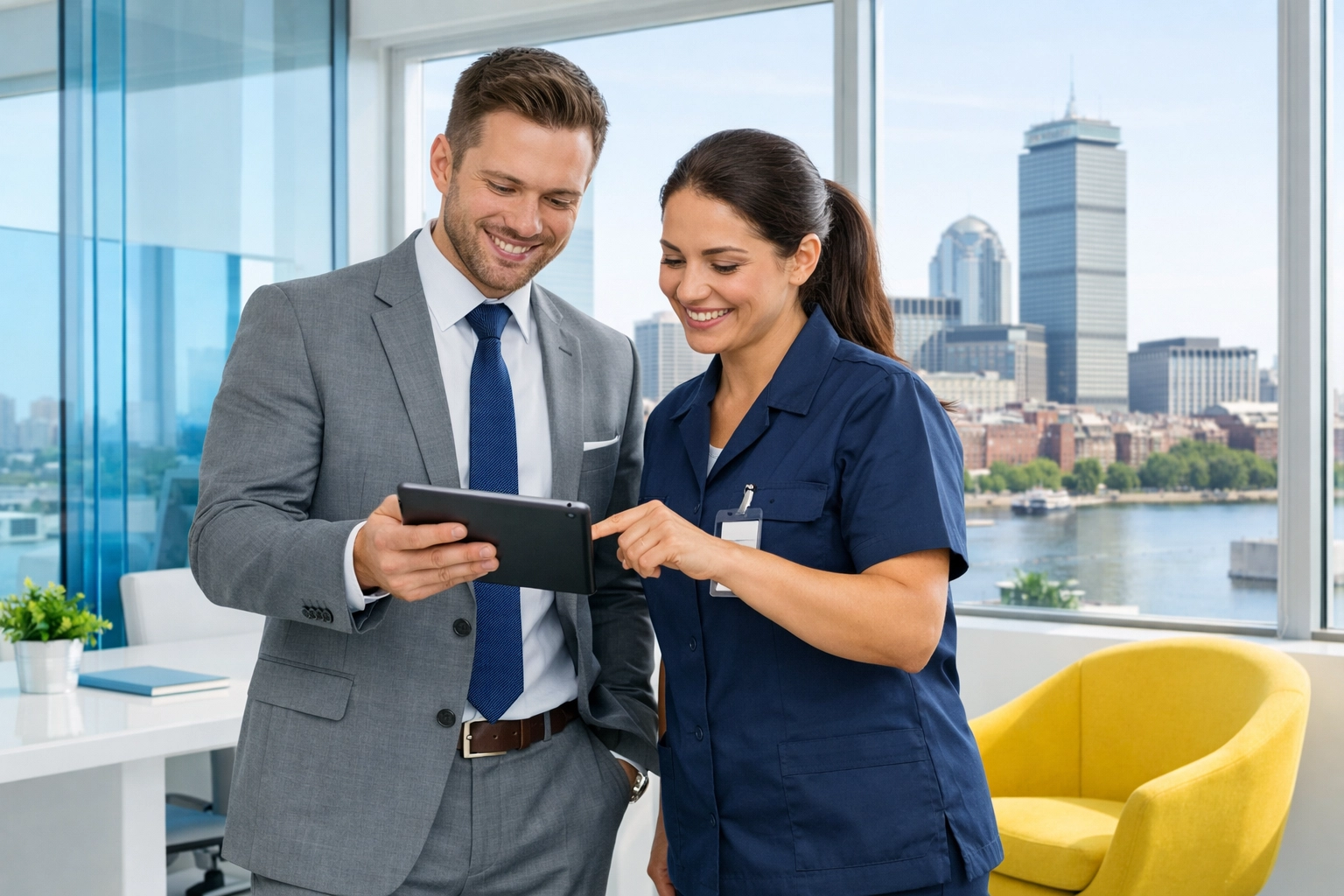 A Boston realtor and cleaning manager discussing white label partnership options for cleaners for hire.