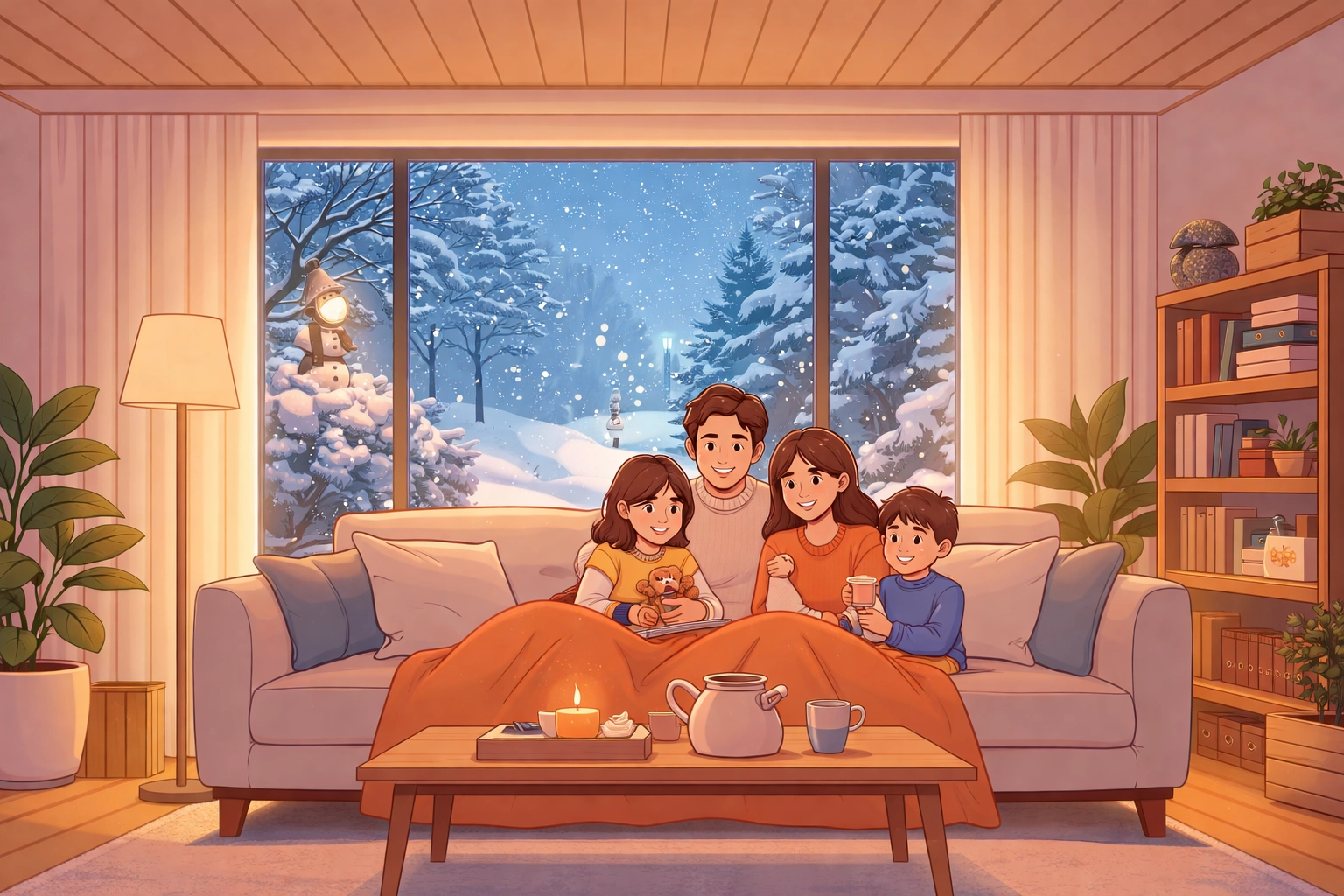Family enjoying a warm insulated living room as snow falls outdoors, highlighting loft insulation benefits