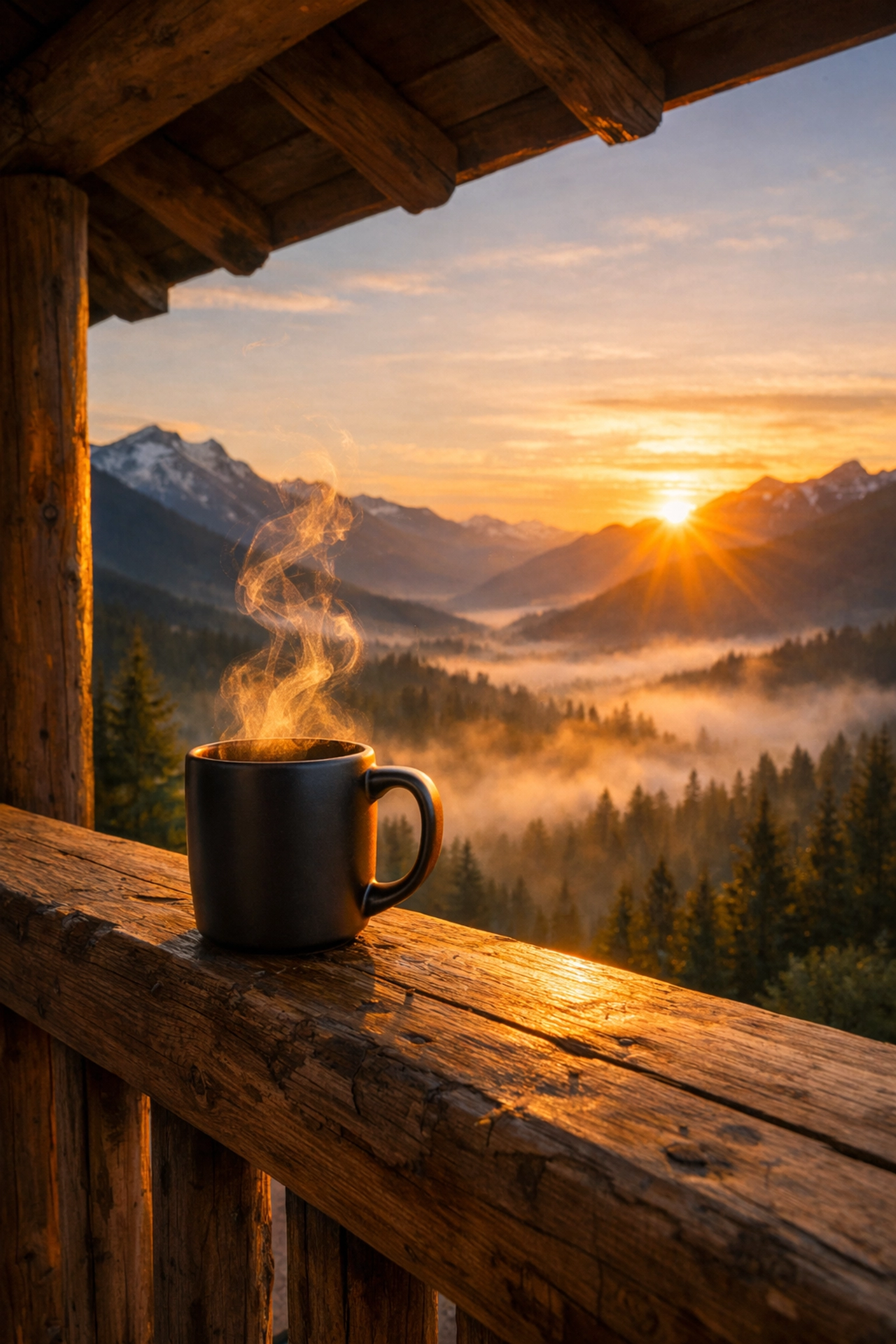 A steaming cup of coffee on a wooden porch railing overlooking a misty mountain sunrise.