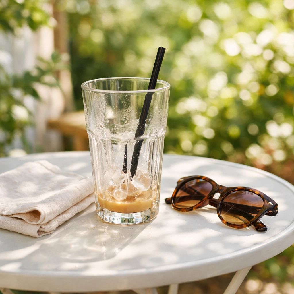 A glass of refreshing homemade iced coffee served on a bistro table in a sunlit garden.