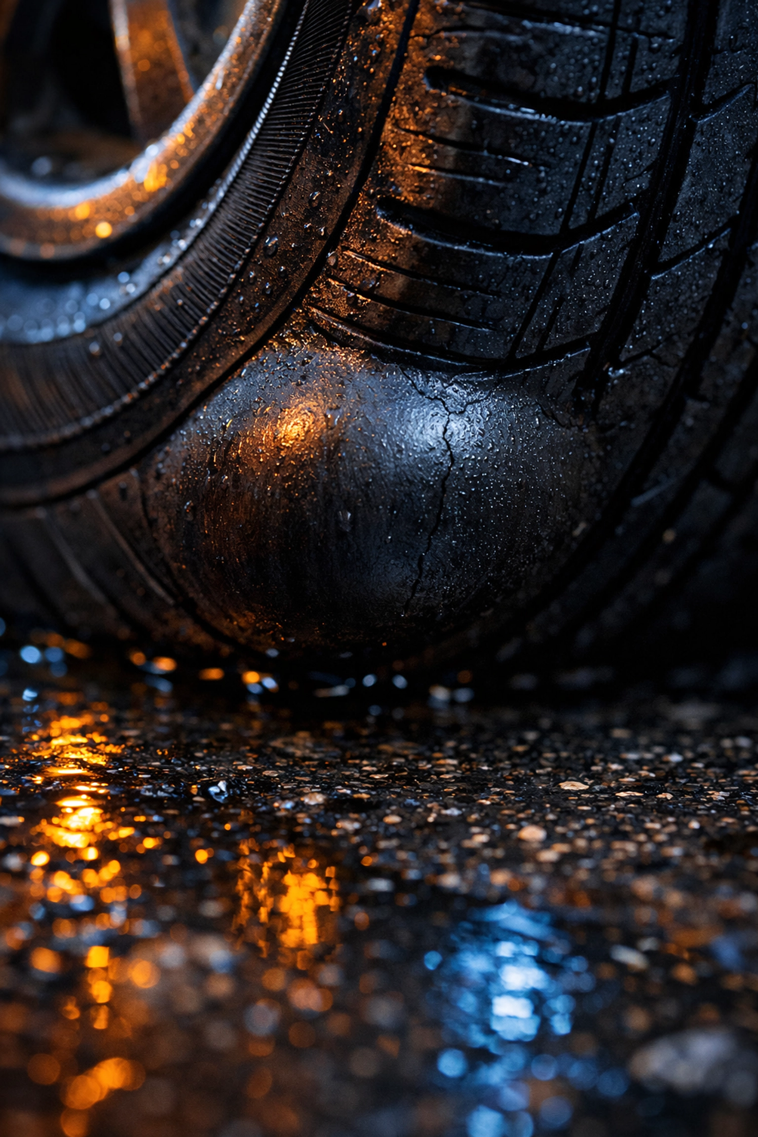 Damaged car tire with a sidewall bulge from a pothole, needing professional tire repair.
