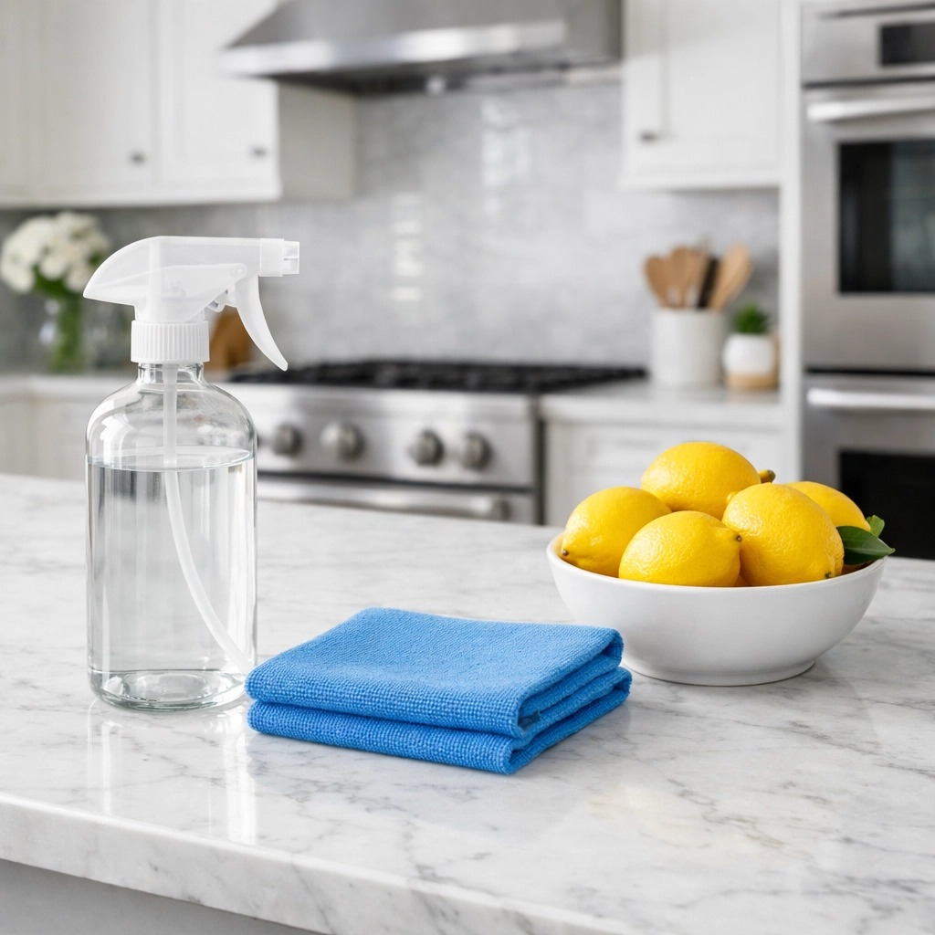 Spotless kitchen island with eco-friendly cleaning supplies for a healthy, chemical-free home in Leominster.