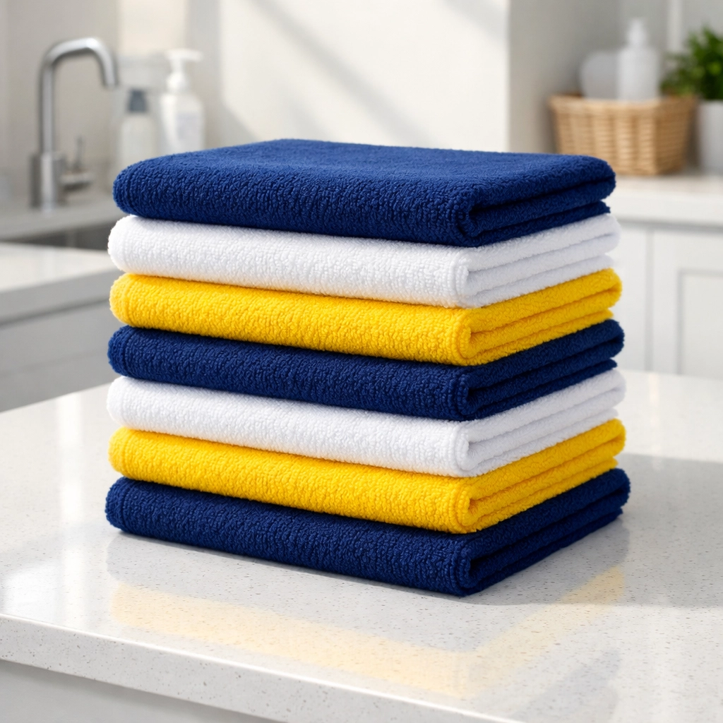 Color-coded microfiber cloths used for hygienic house cleaning services to prevent cross-contamination.
