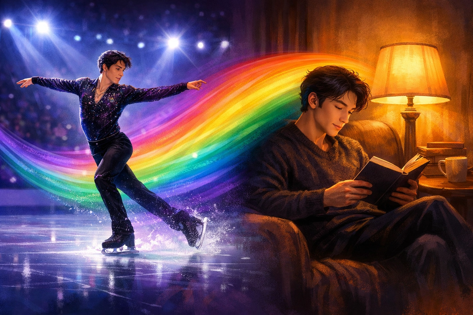 Figure skater performing under lights and reading a book connected by rainbow gradient