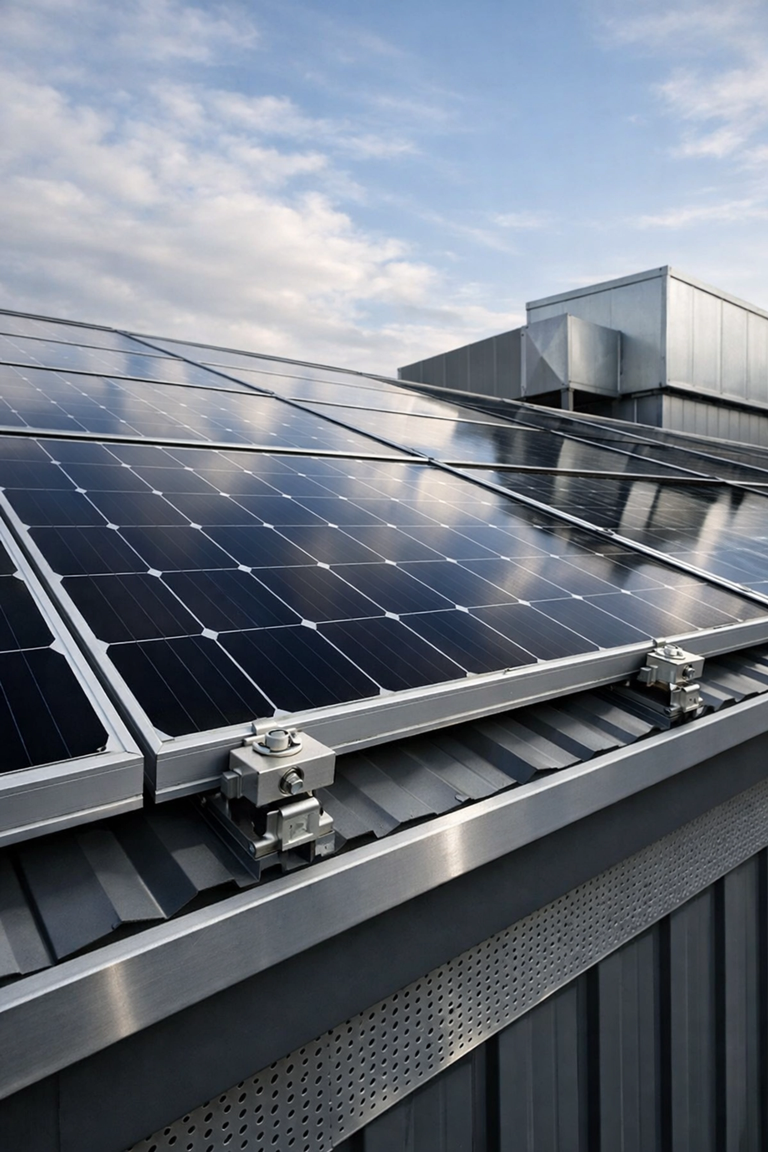 High-efficiency commercial solar panels installed on an industrial building roof for maximum energy savings.