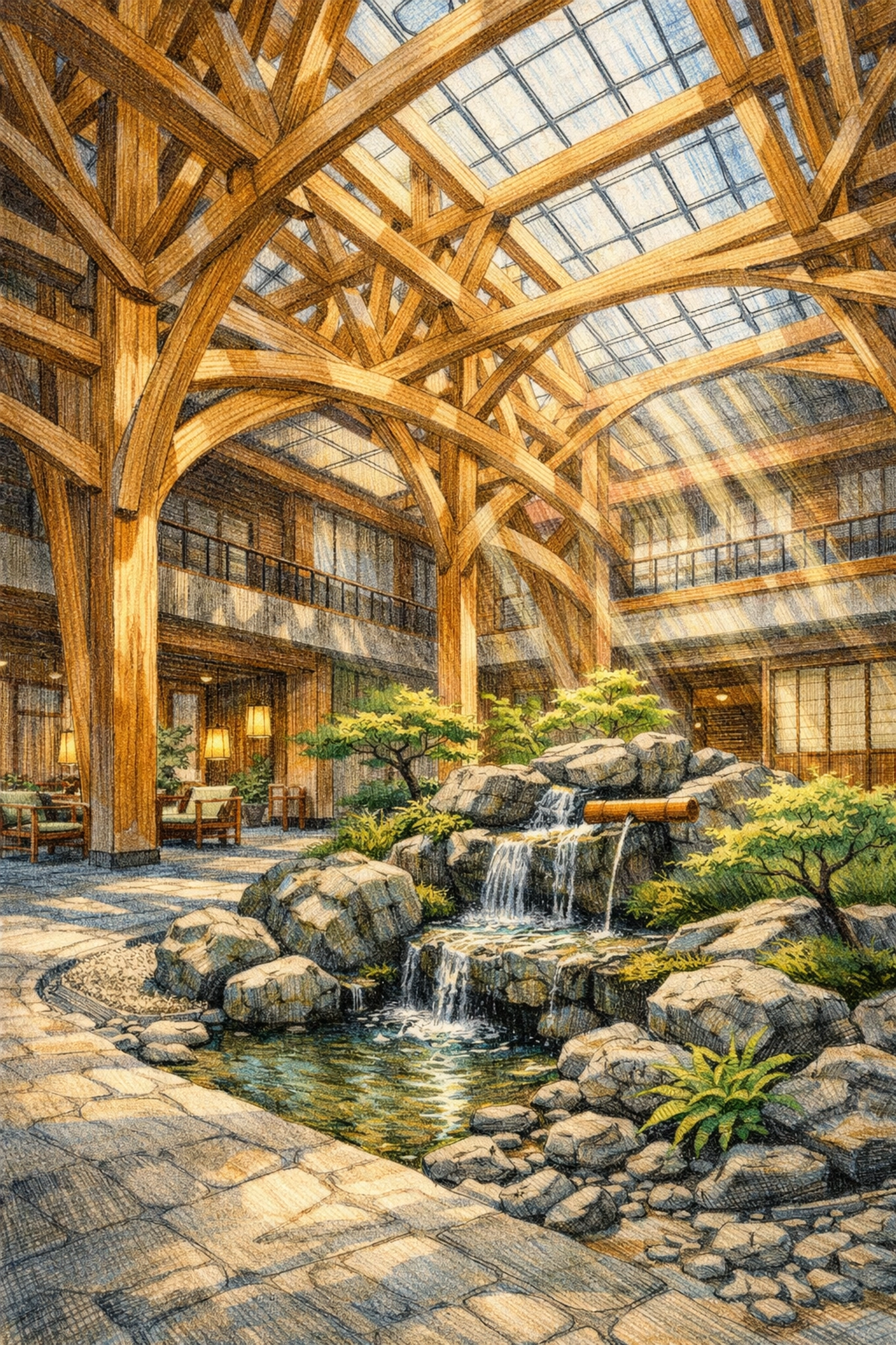 Sustainable hotel architecture atrium with timber beams, indoor garden, and natural light in Osaka