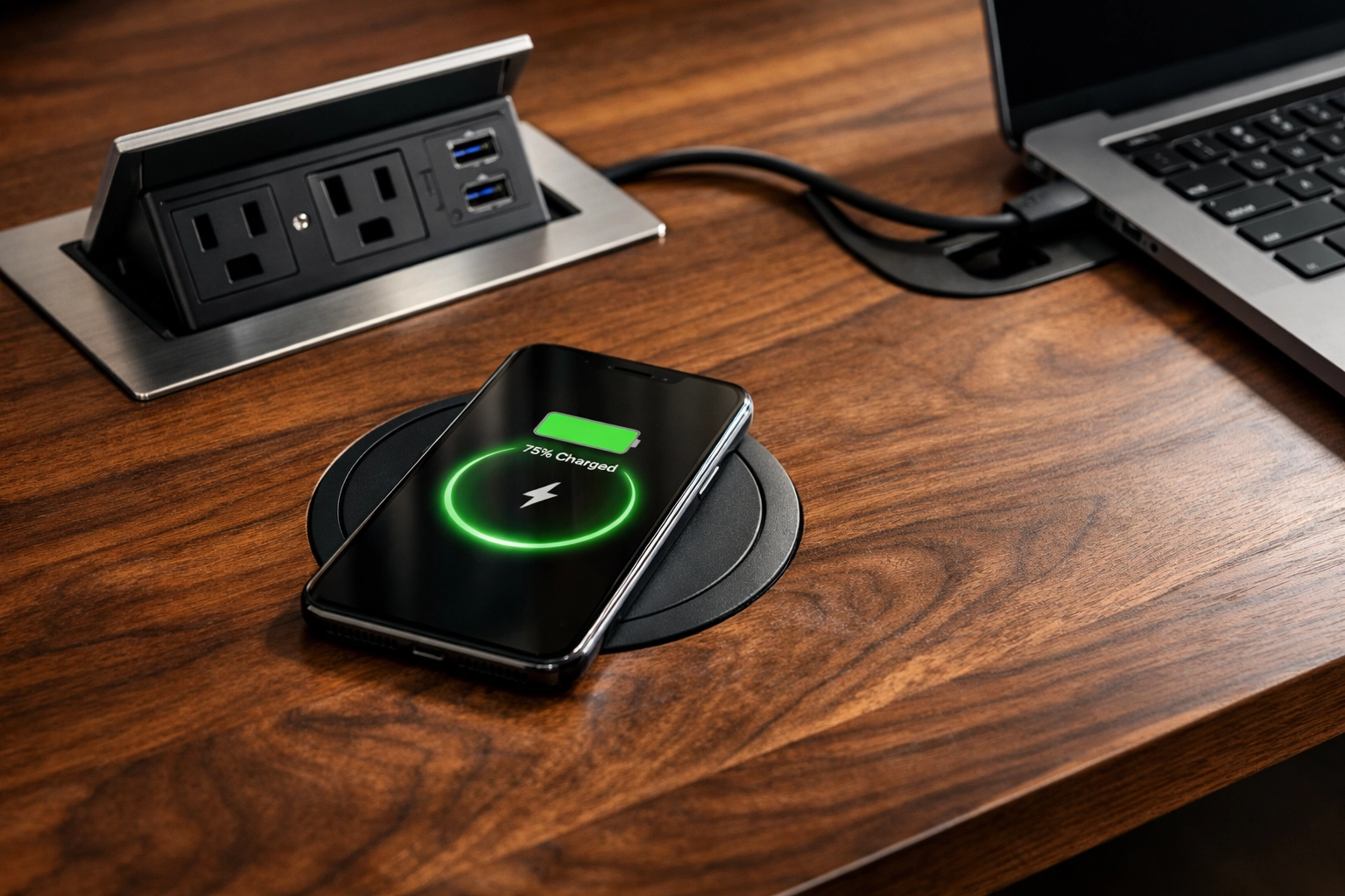 Office desk with integrated wireless charging and built-in power management system