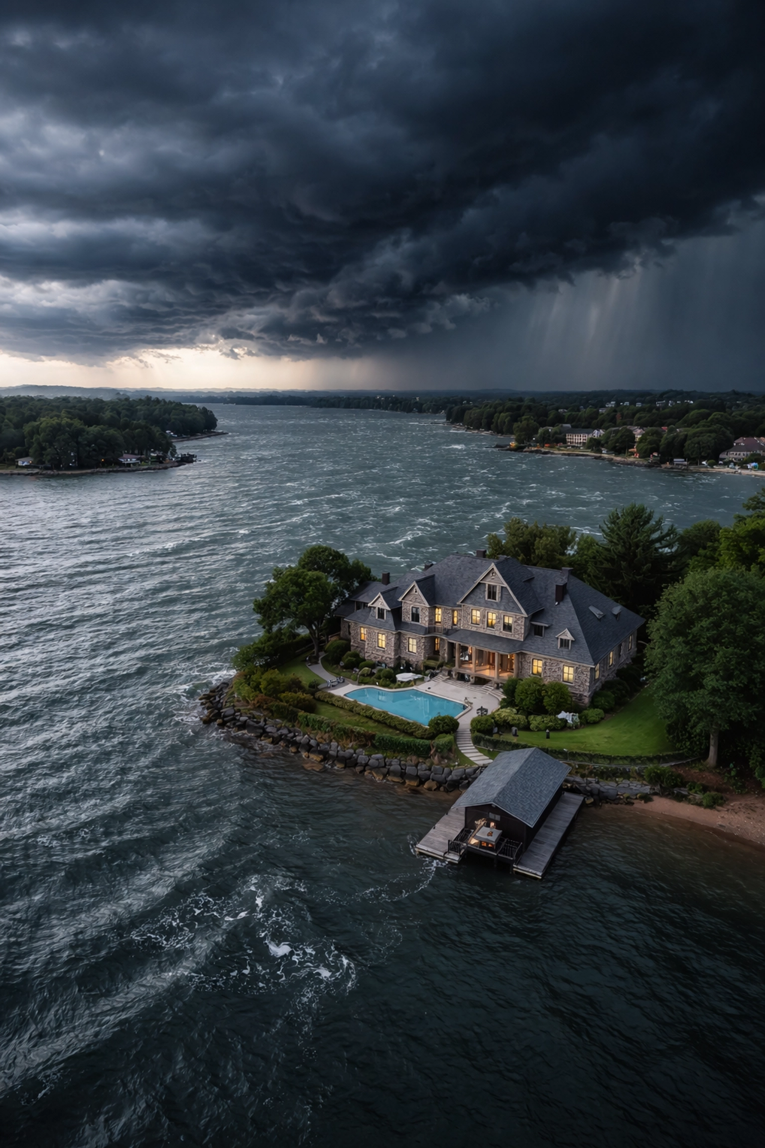 Aerial view of Lake Norman waterfront home in Cornelius facing storm clouds, showing wind risk to lakeside roofs.