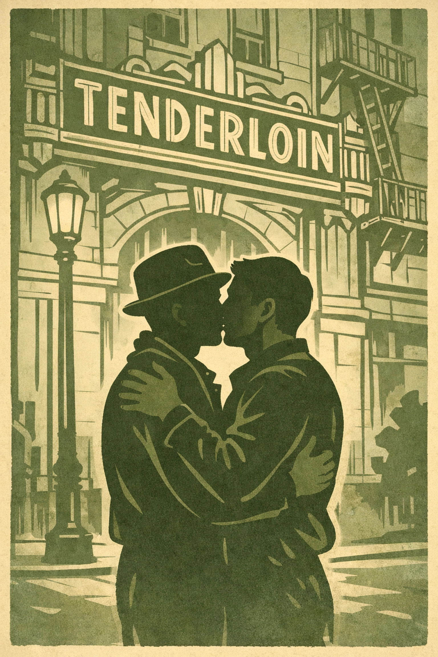 Two men embrace near historic Tenderloin building representing San Francisco's LGBTQ+ history
