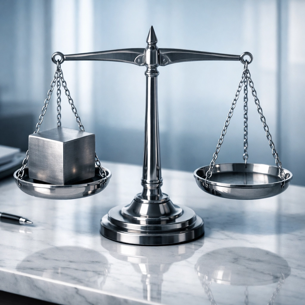 Silver balance scale on a marble desk representing accurate Alabama business valuation and fair pricing.