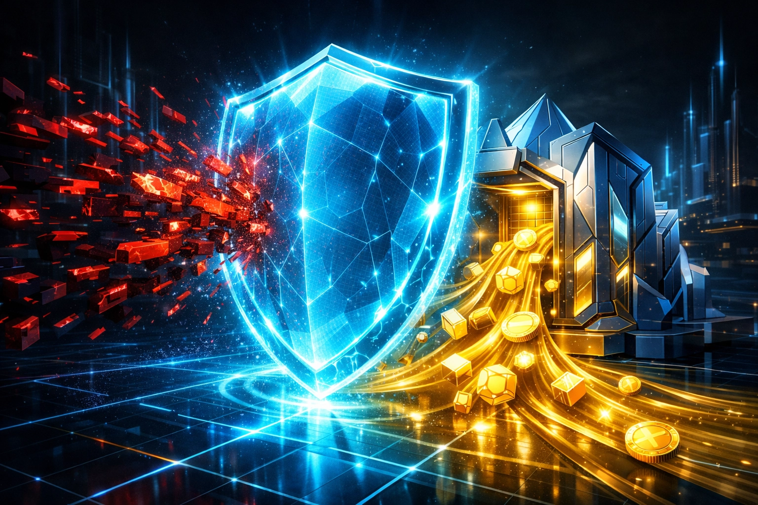 Larecoin AI fraud shield deflecting malicious activity to ensure secure Web3 merchant payment processing.