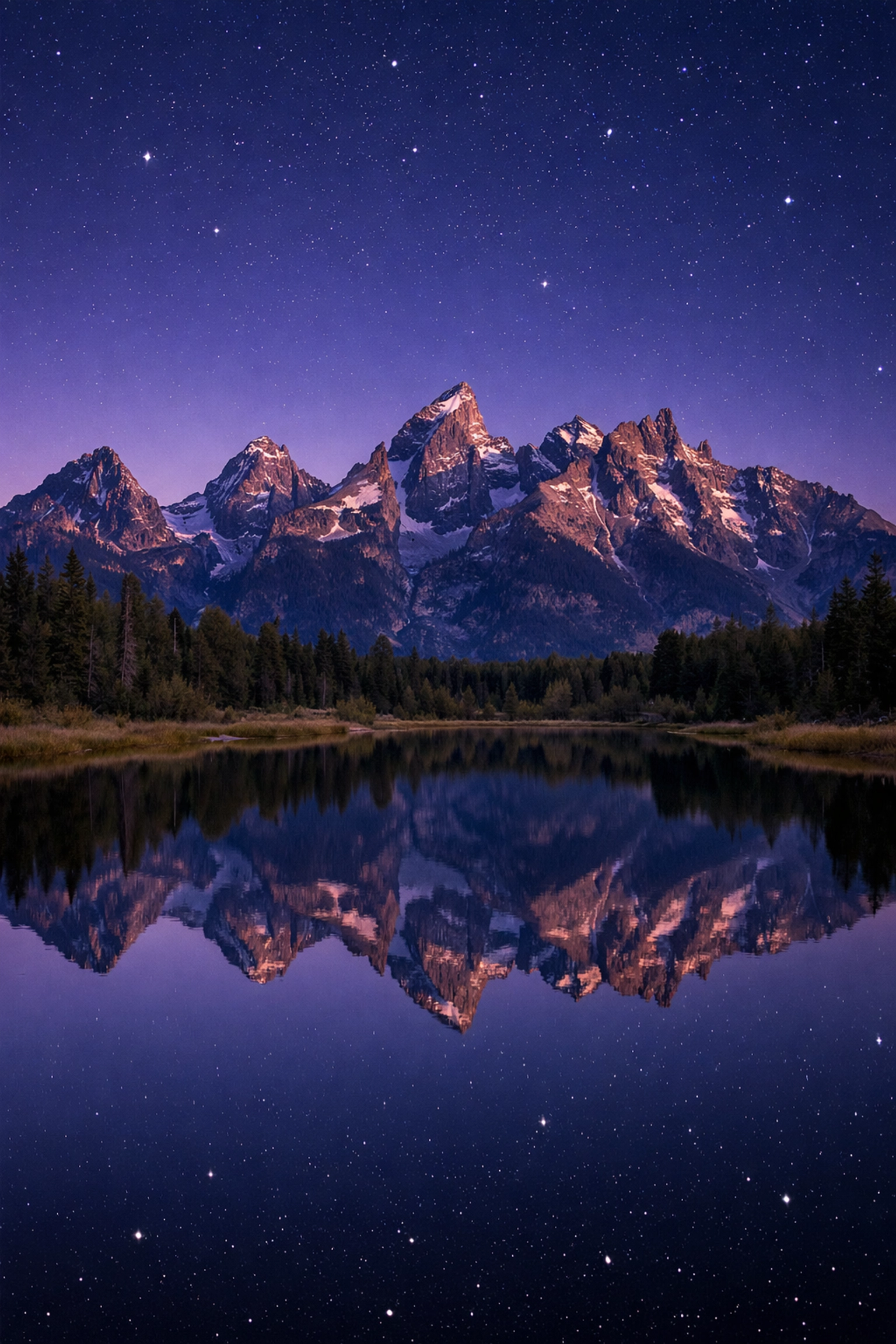 Stunning twilight landscape of the Grand Tetons mountains reflected in a still lake at dusk.