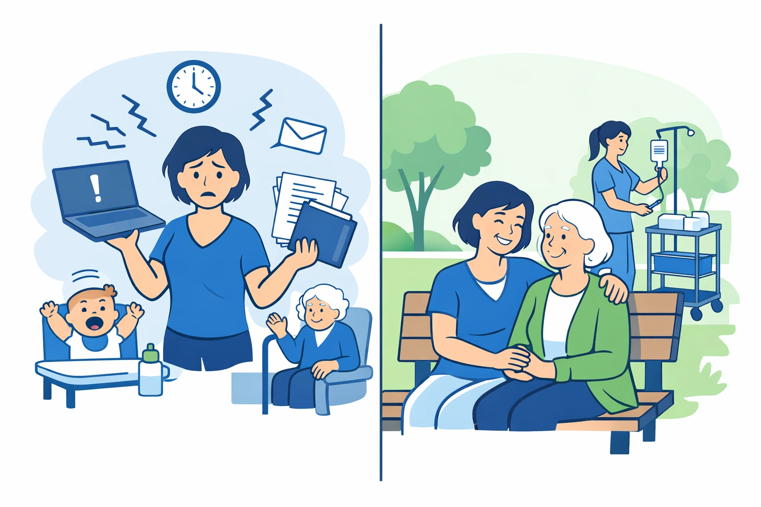 Familiar relajado con padre mayor gracias a servicios profesionales de cuidado en casa