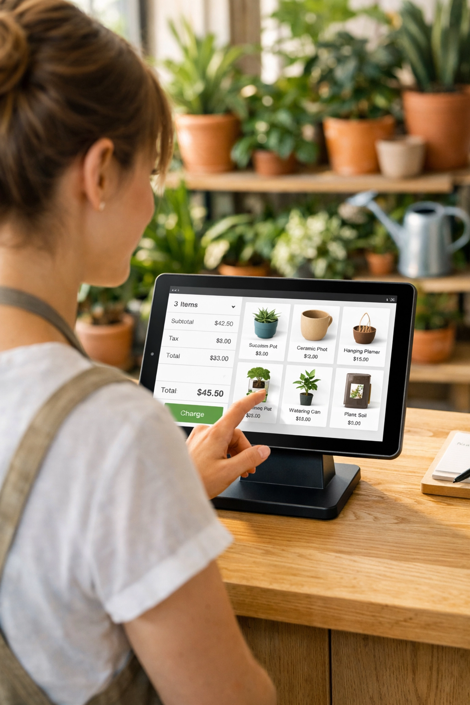 A modern tablet-based POS system used on a counter in a bright UK boutique plant shop.