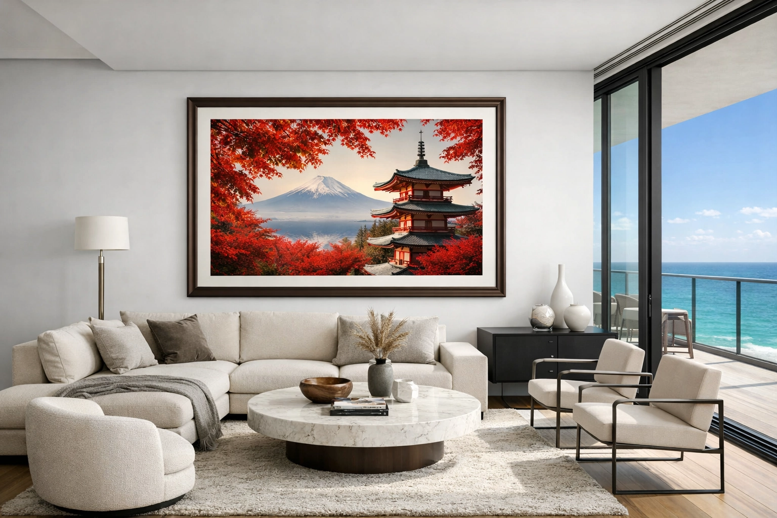 Fine art photography print displayed in a luxury Miami penthouse living room overlooking the ocean.