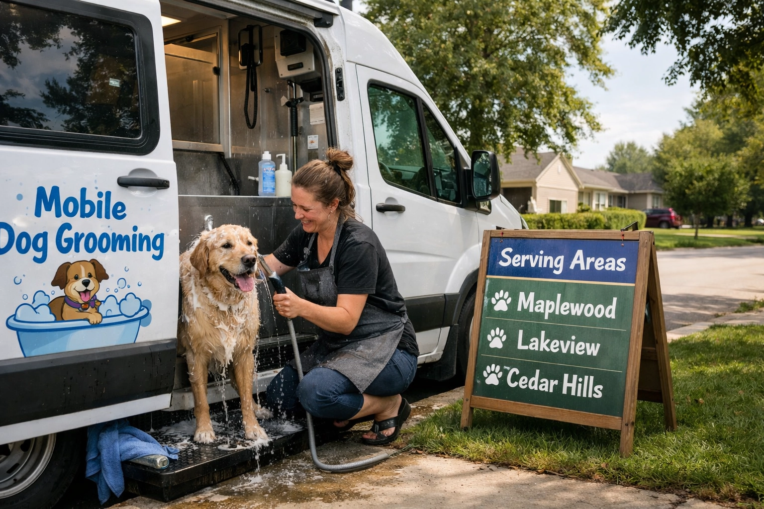 Mobile dog grooming van in a neighborhood with groomer working—real-world local service area vibe