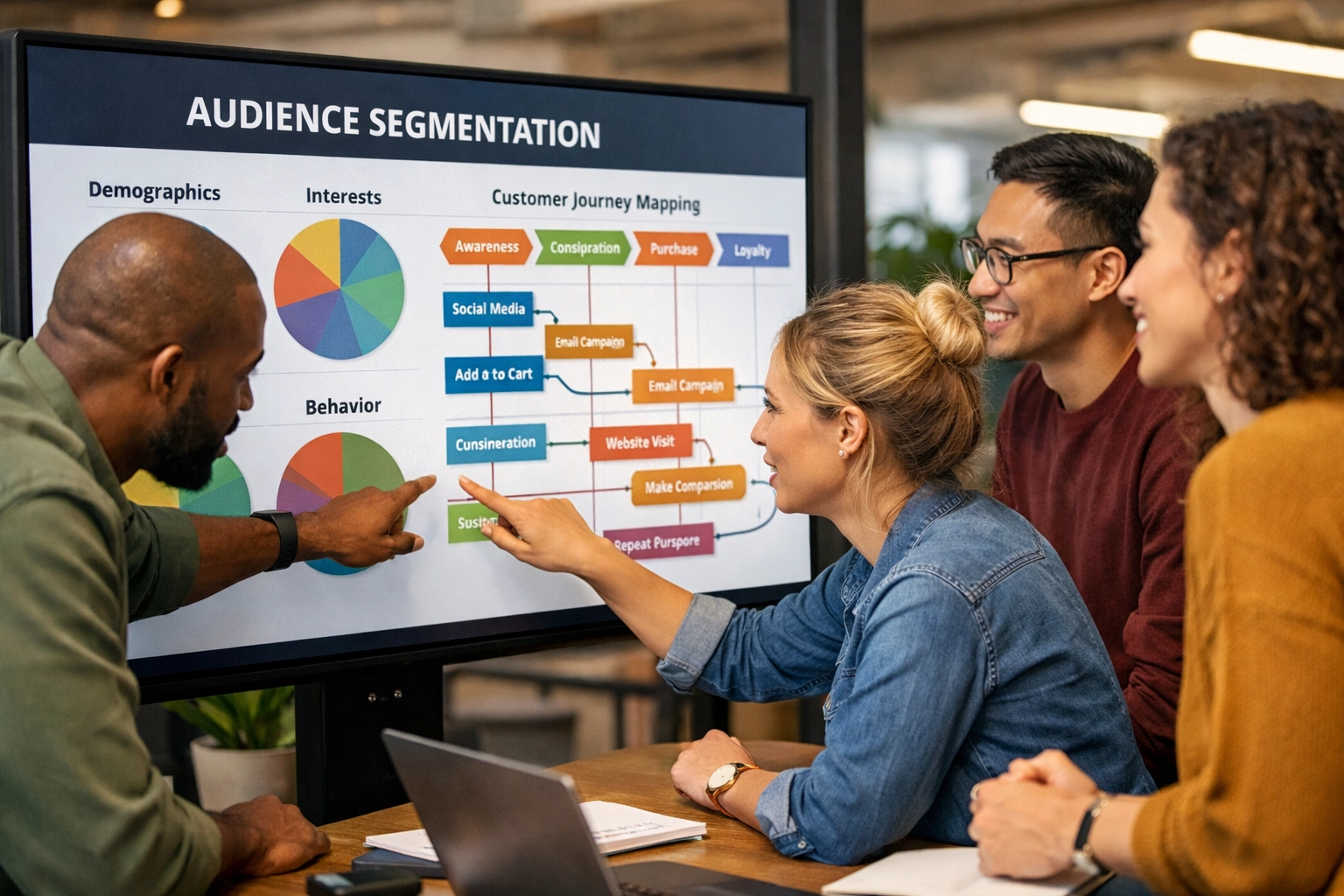 Marketing team collaborating on programmatic advertising strategy and audience segmentation