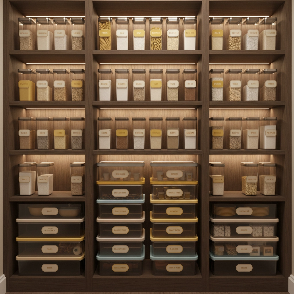 A very organized pantry, with labeled food items. The Ultimate Guide: 50+ Must-Try Storage Hacks for an Apartment