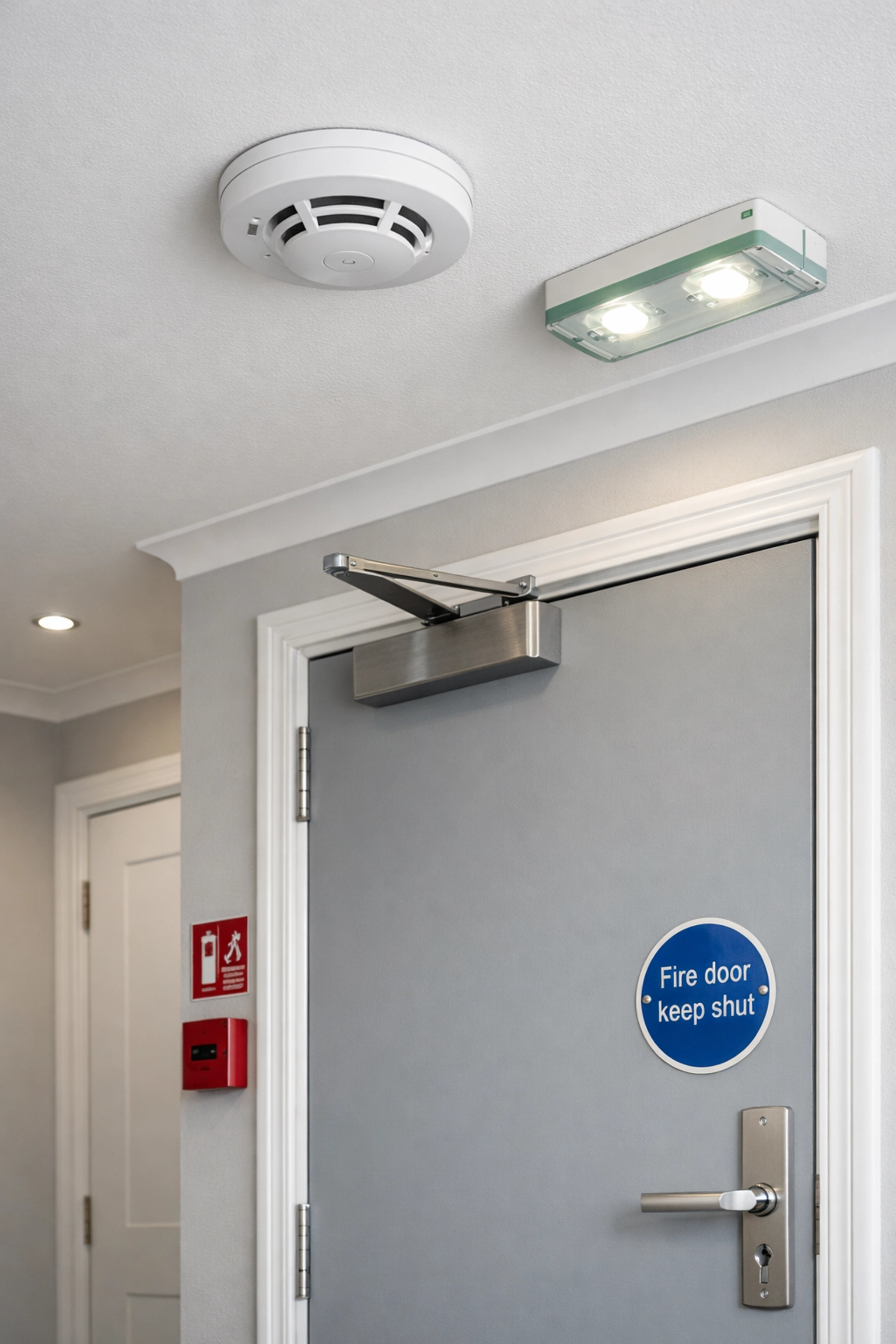 HMO hallway fire safety features including smoke detector and fire door