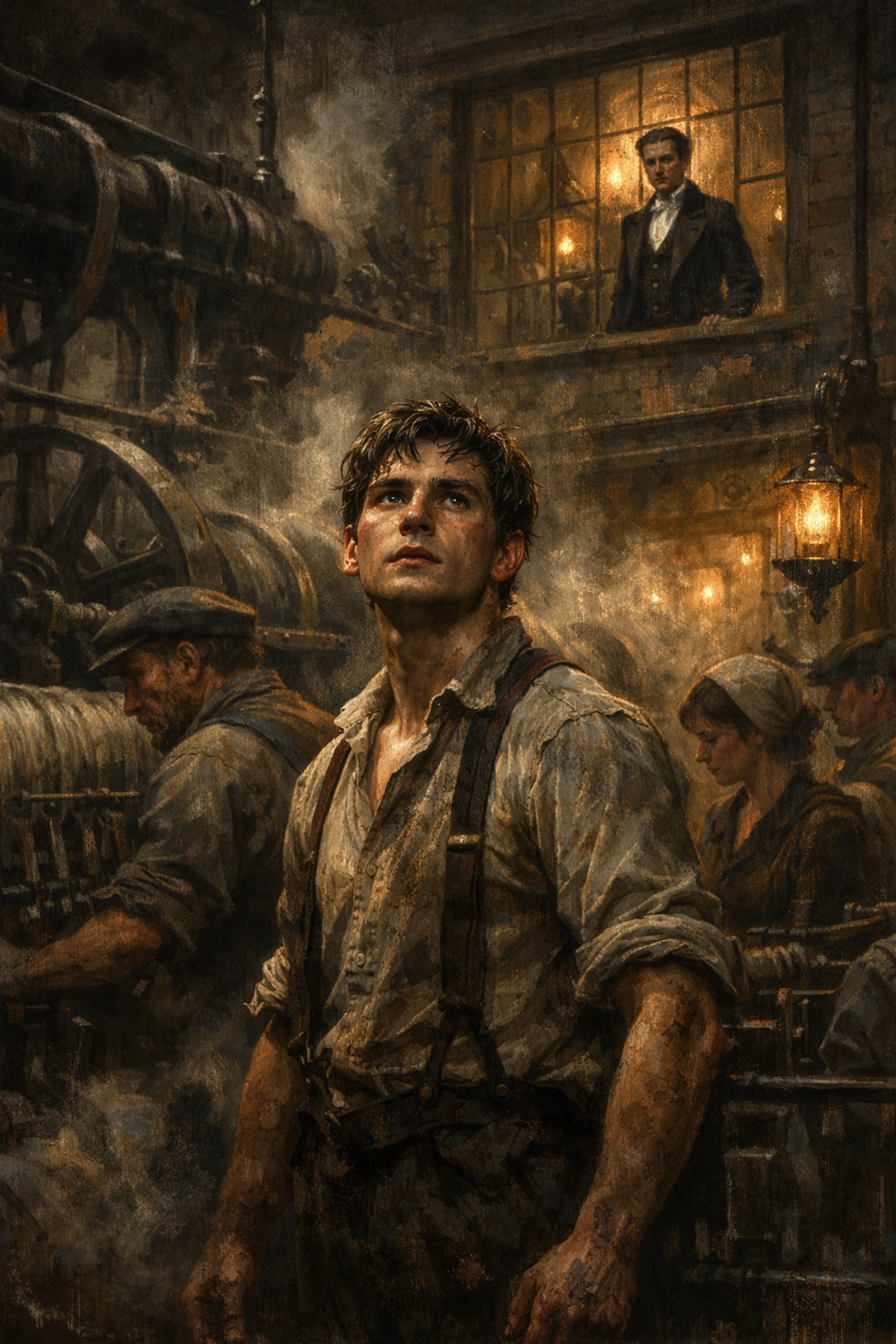 Victorian factory owner observing worker during Industrial Revolution MM romance story