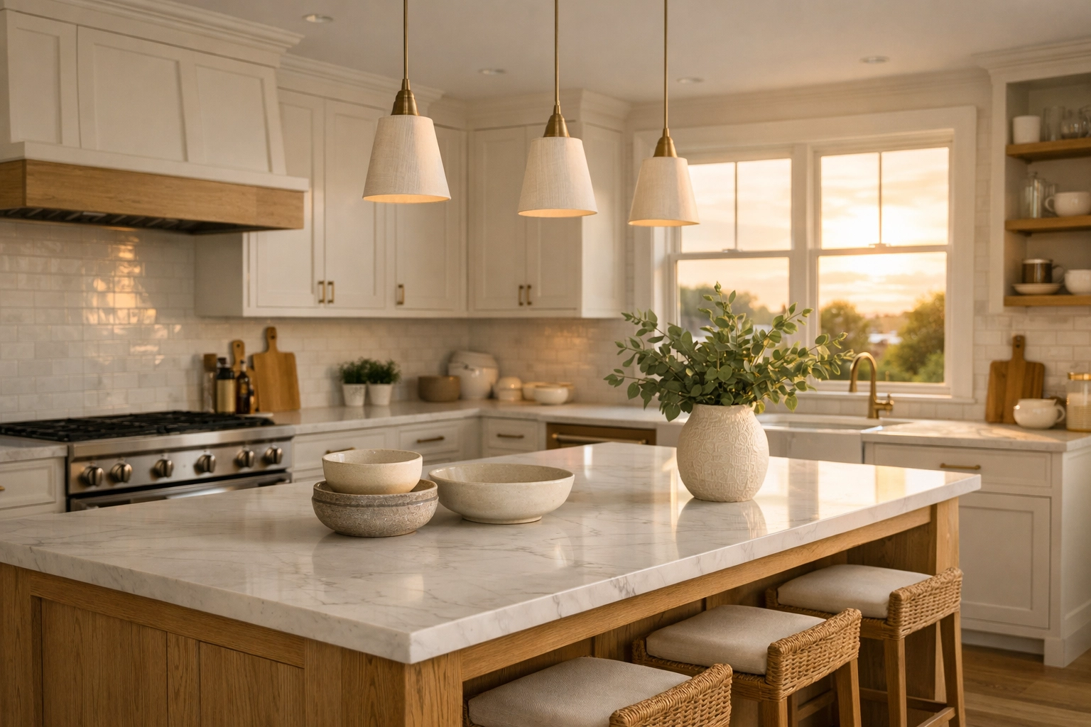 Modern function-first kitchen remodel in Bay Village with a white oak island and marble countertops.