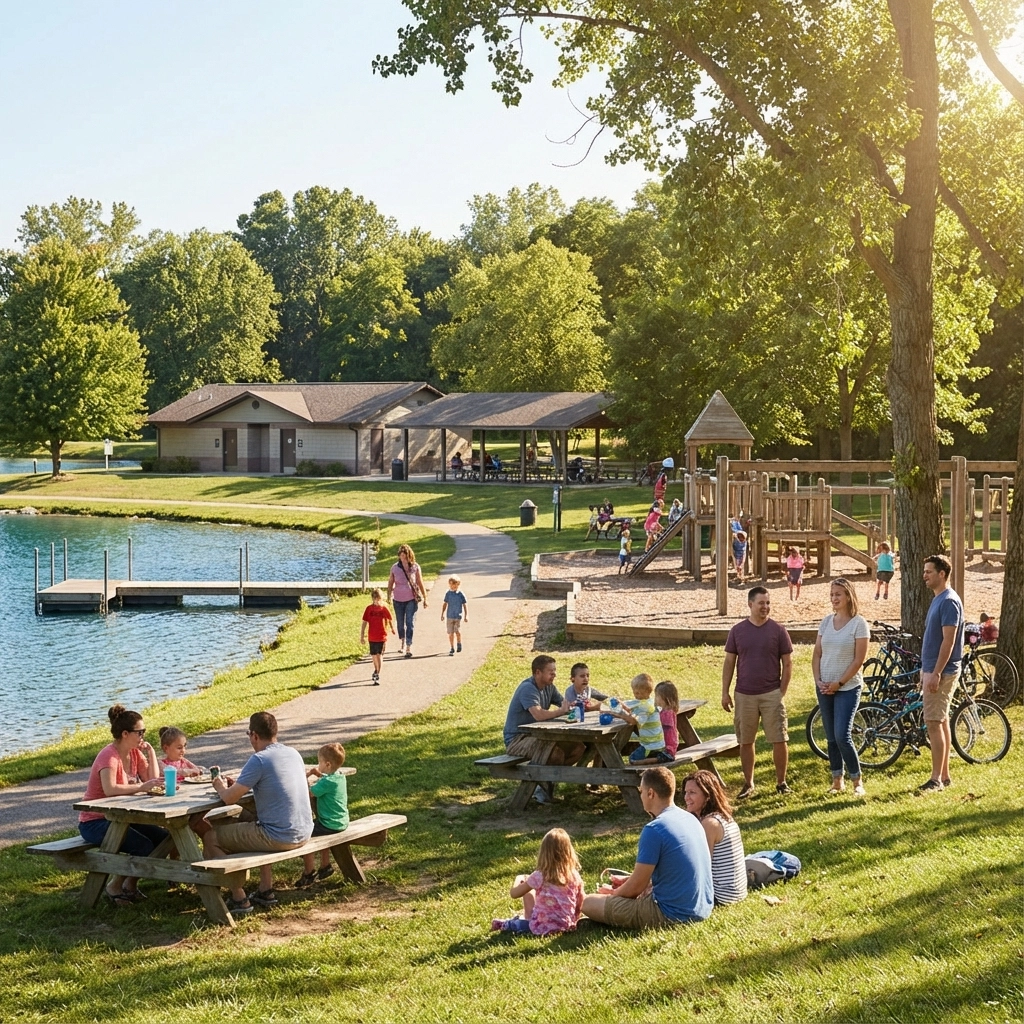 Strawbridge Lake Park in Moorestown, NJ, with people enjoying outdoor activities
