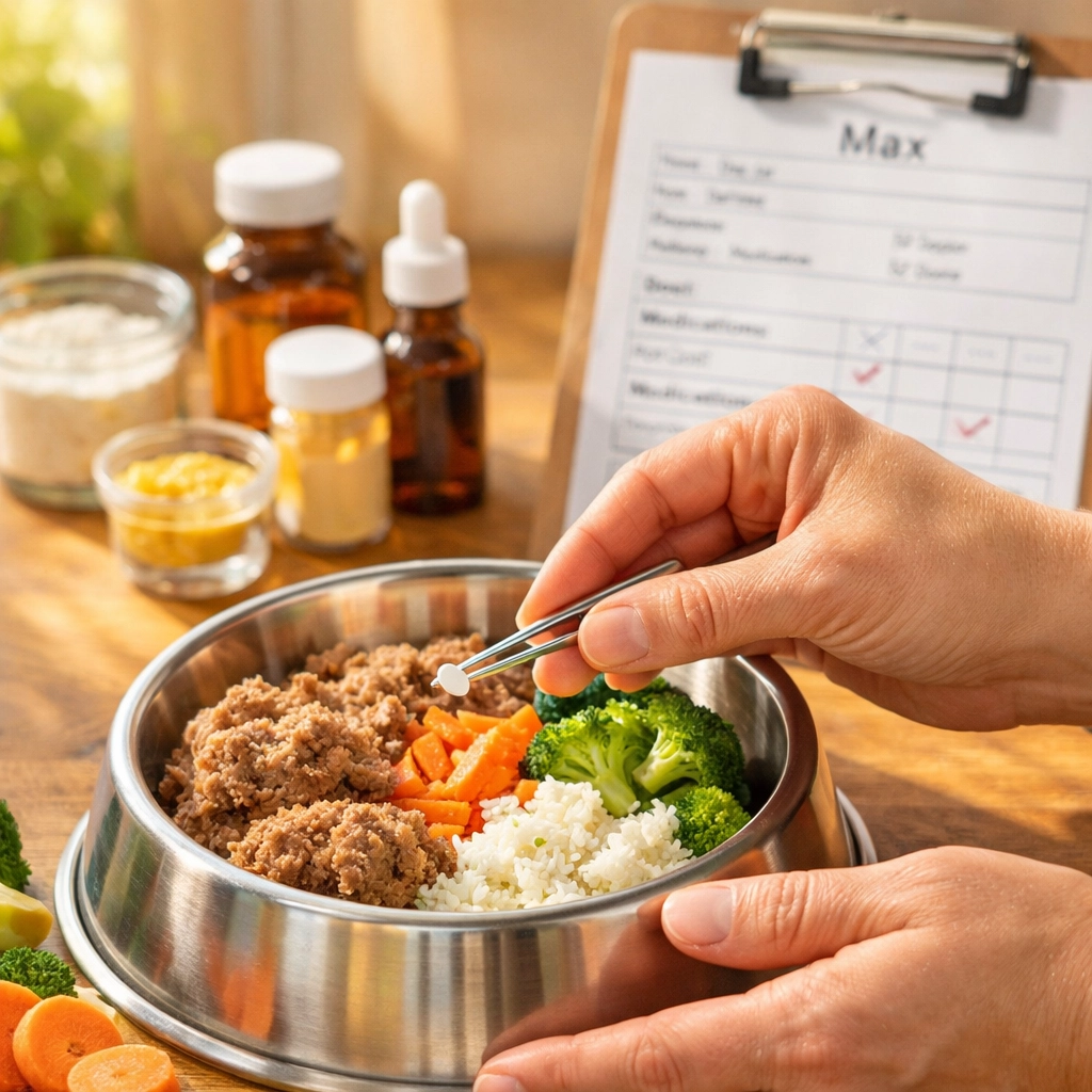 Caregiver preparing a specialized medical meal for dog boarding in Boring Oregon at Green Acres K-9 Resort.