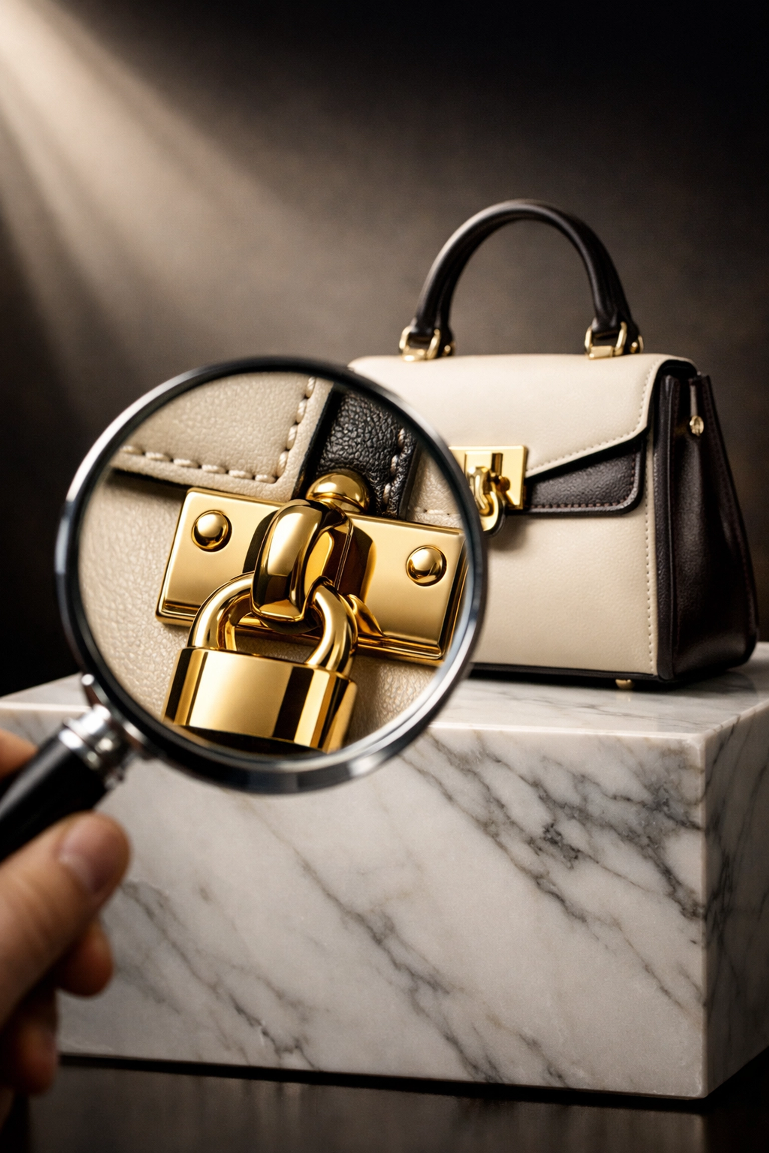 Luxury handbag under a magnifying glass to check for brand authenticity and eBay VeRO list compliance.