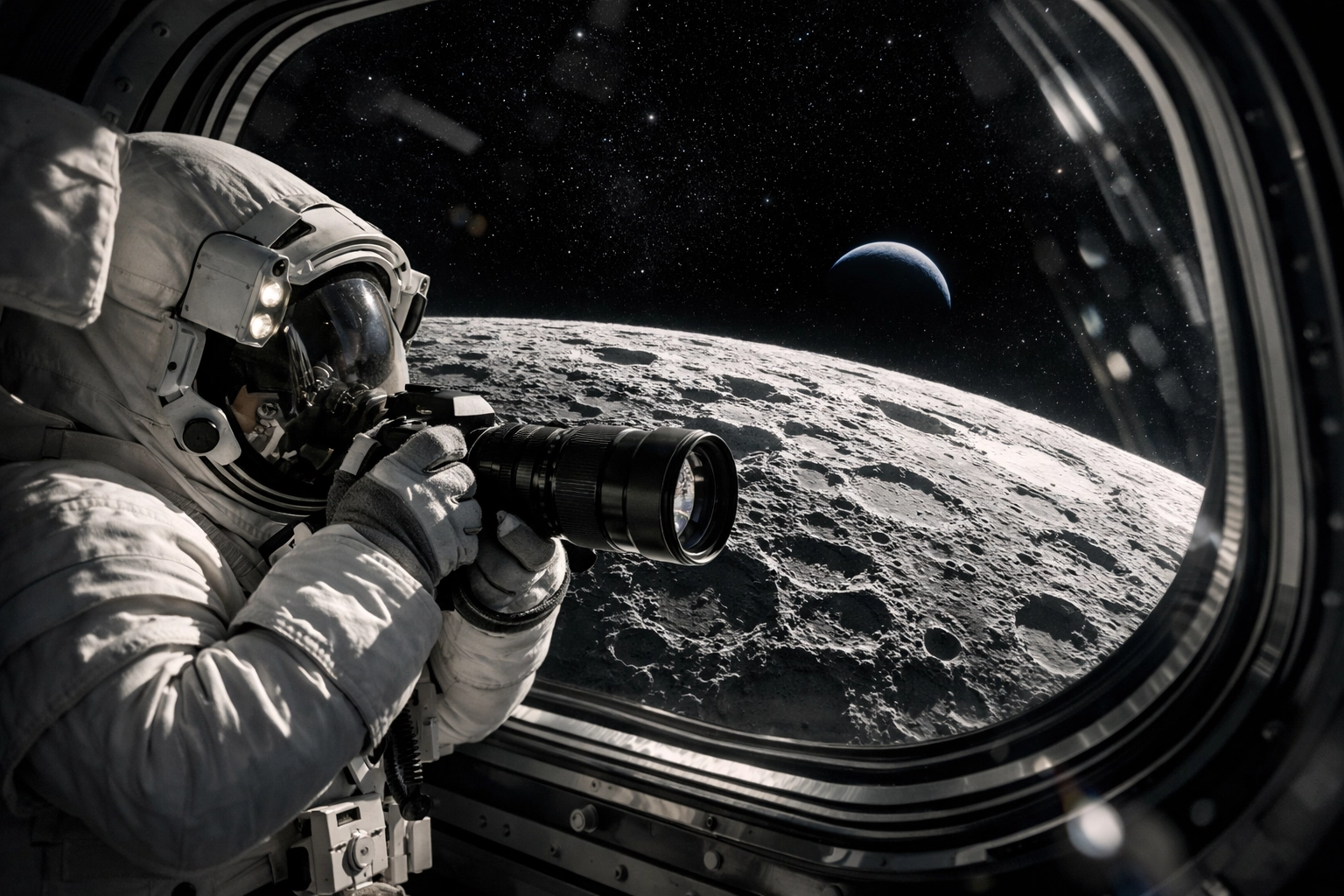 Astronaut photographing the lunar surface, representing the latest historic space photography news.