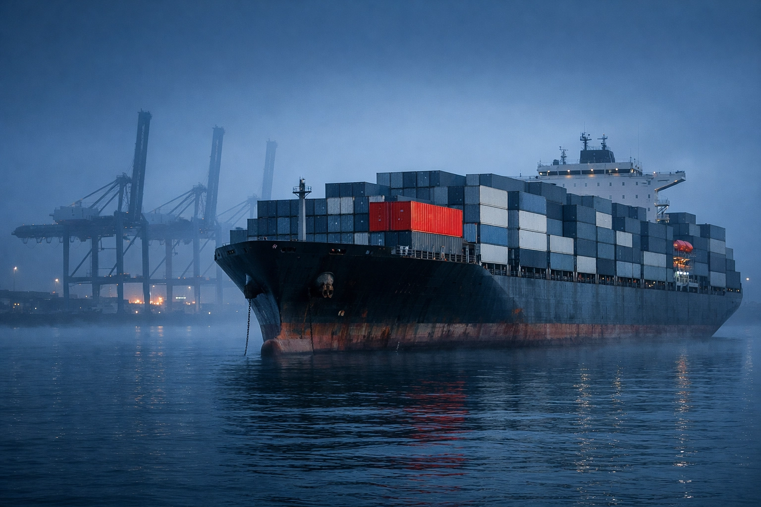 Large container ship at Port of Miami at dawn, illustrating ocean freight delays and logistics challenges.