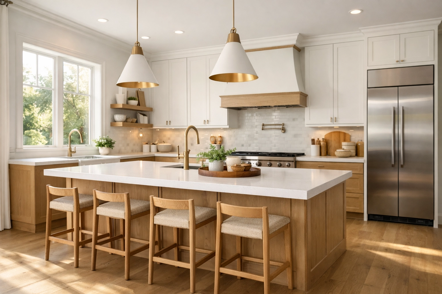 Modern transitional kitchen remodeling in Orlando featuring white oak cabinetry and a bright quartz island.