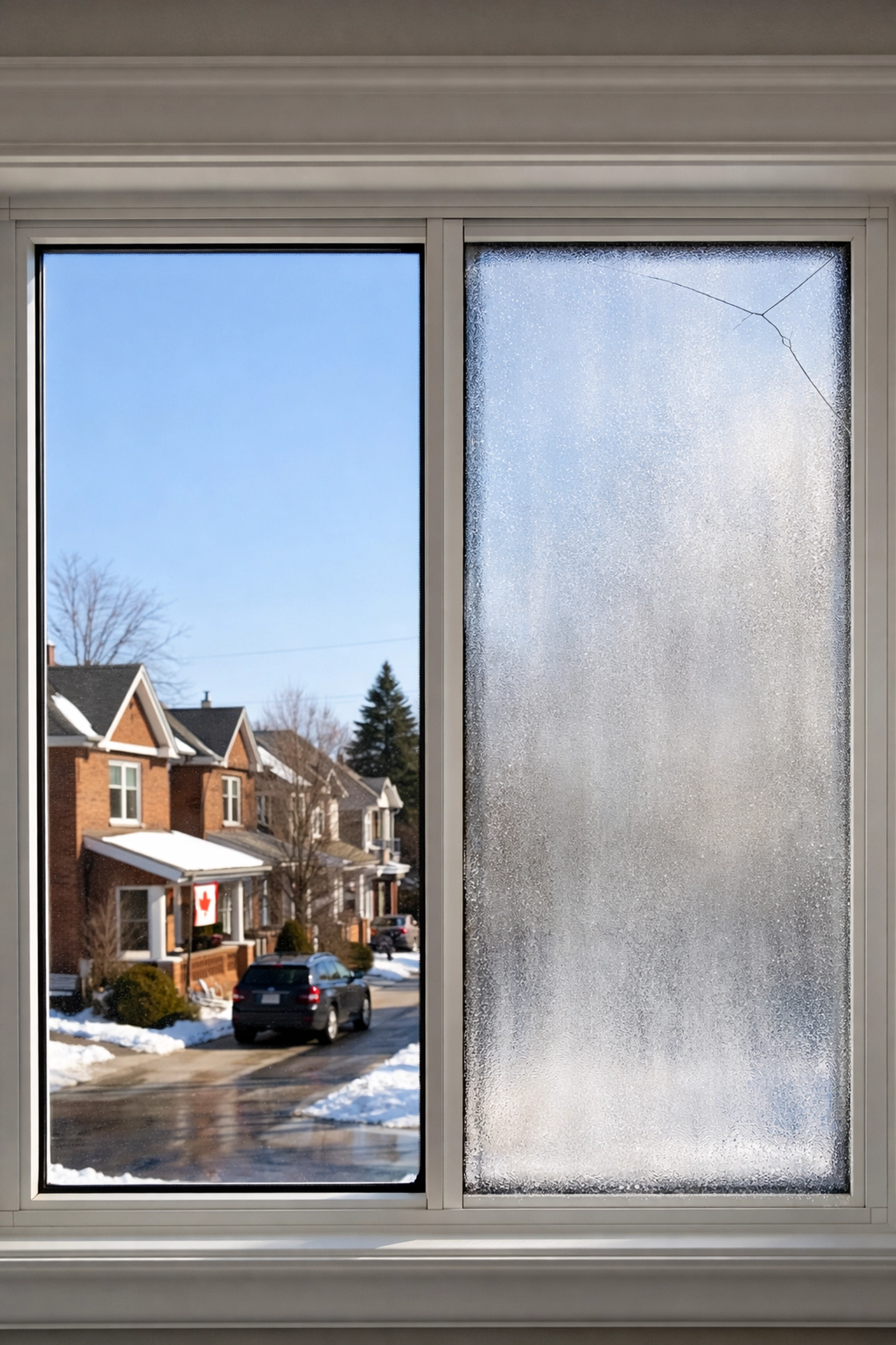 Failed glass unit with foggy condensation and a stress crack requiring window repair in the GTA.