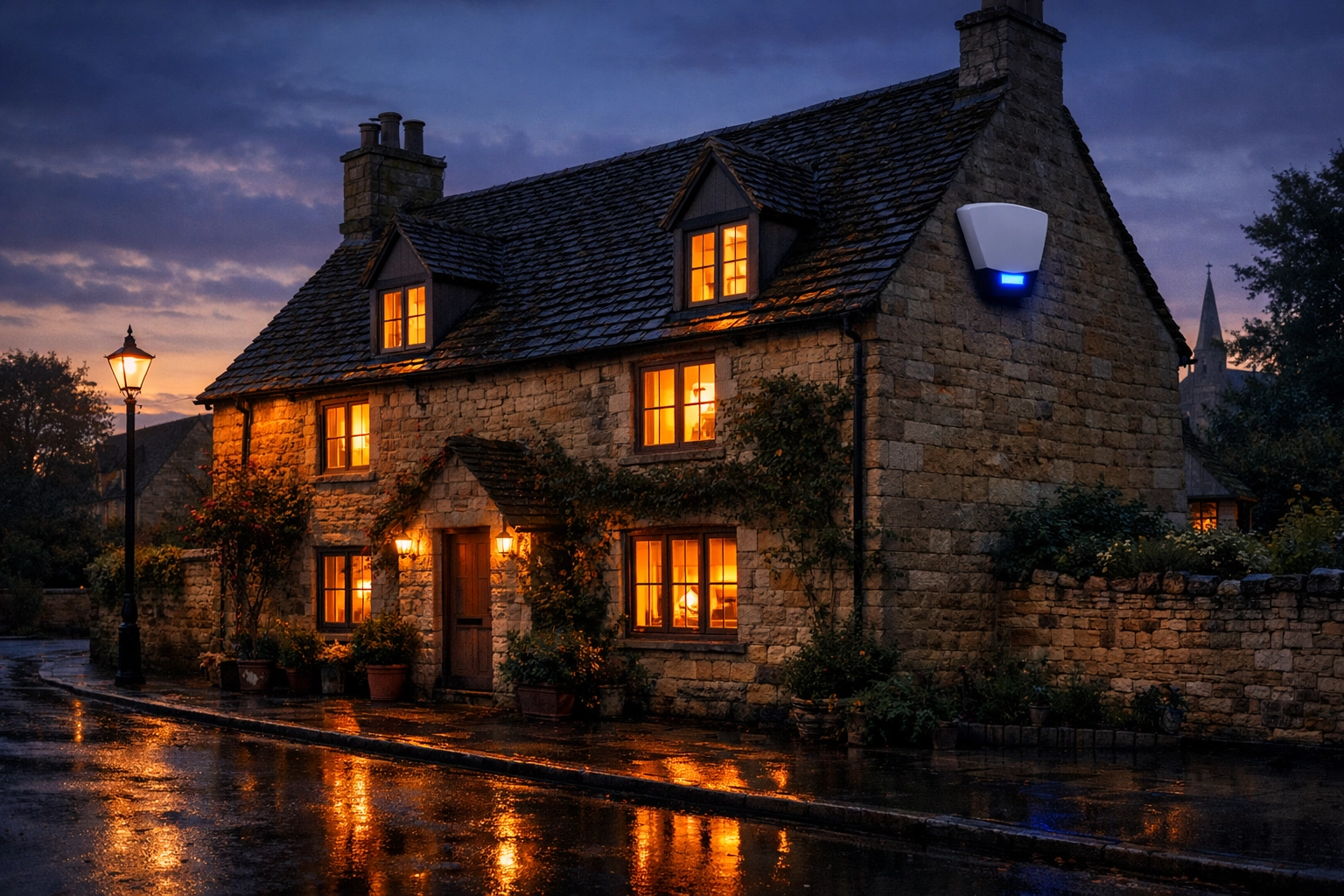 Traditional Abingdon cottage with a visible professional alarm siren box providing peace of mind at twilight.