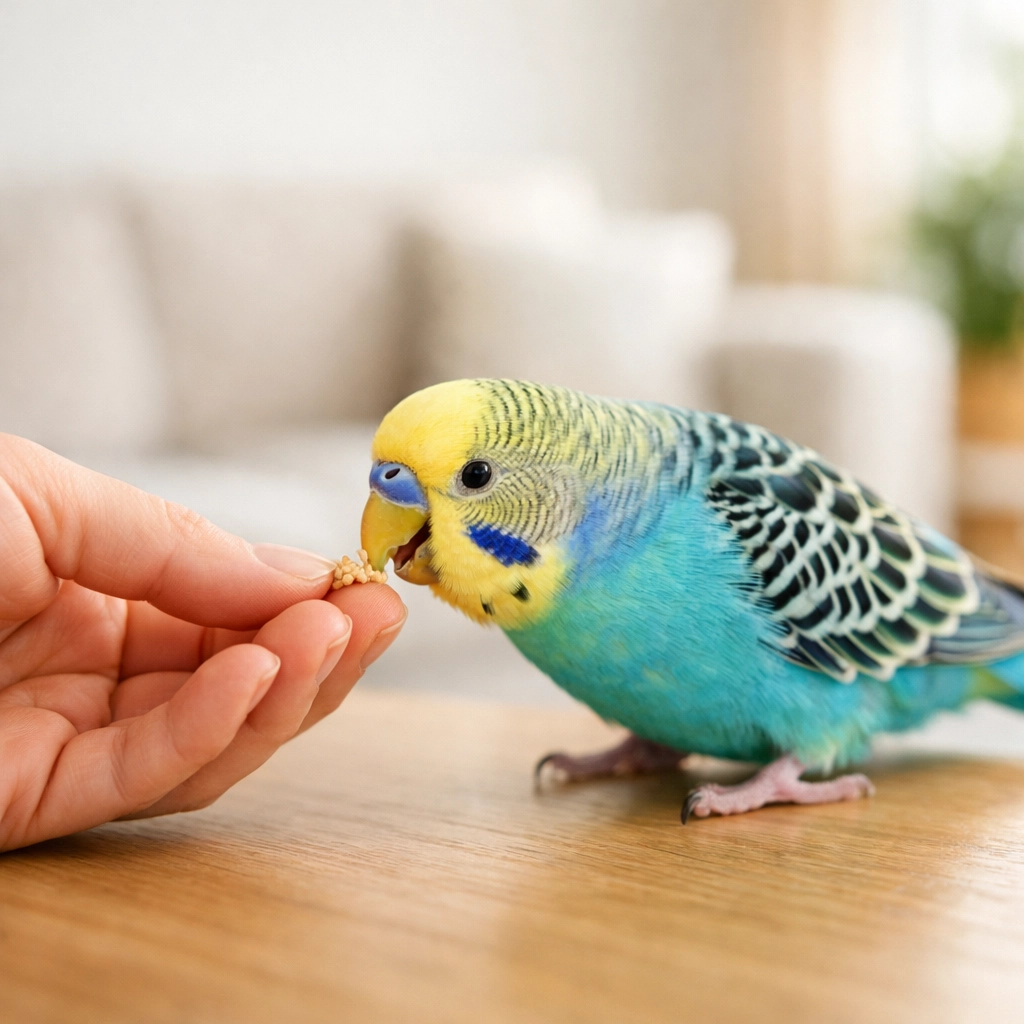 A Budgie taking a treat from a human hand, illustrating bonding and socialization with pet birds.