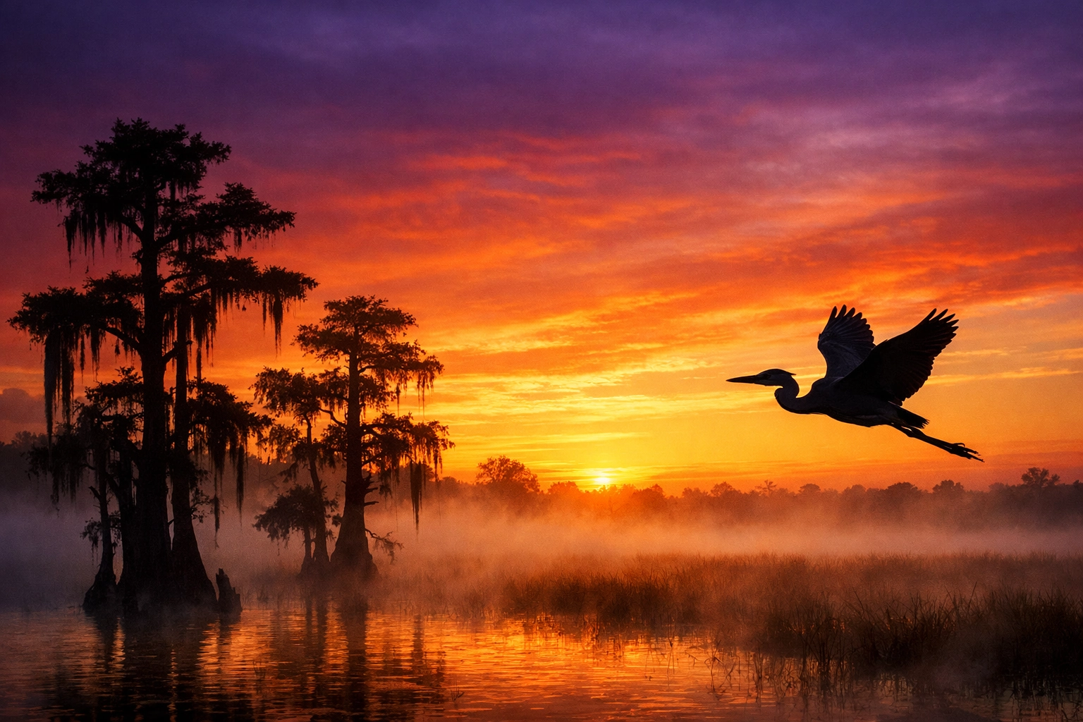 Cinematic sunrise landscape of the Everglades River of Grass with a heron in flight.