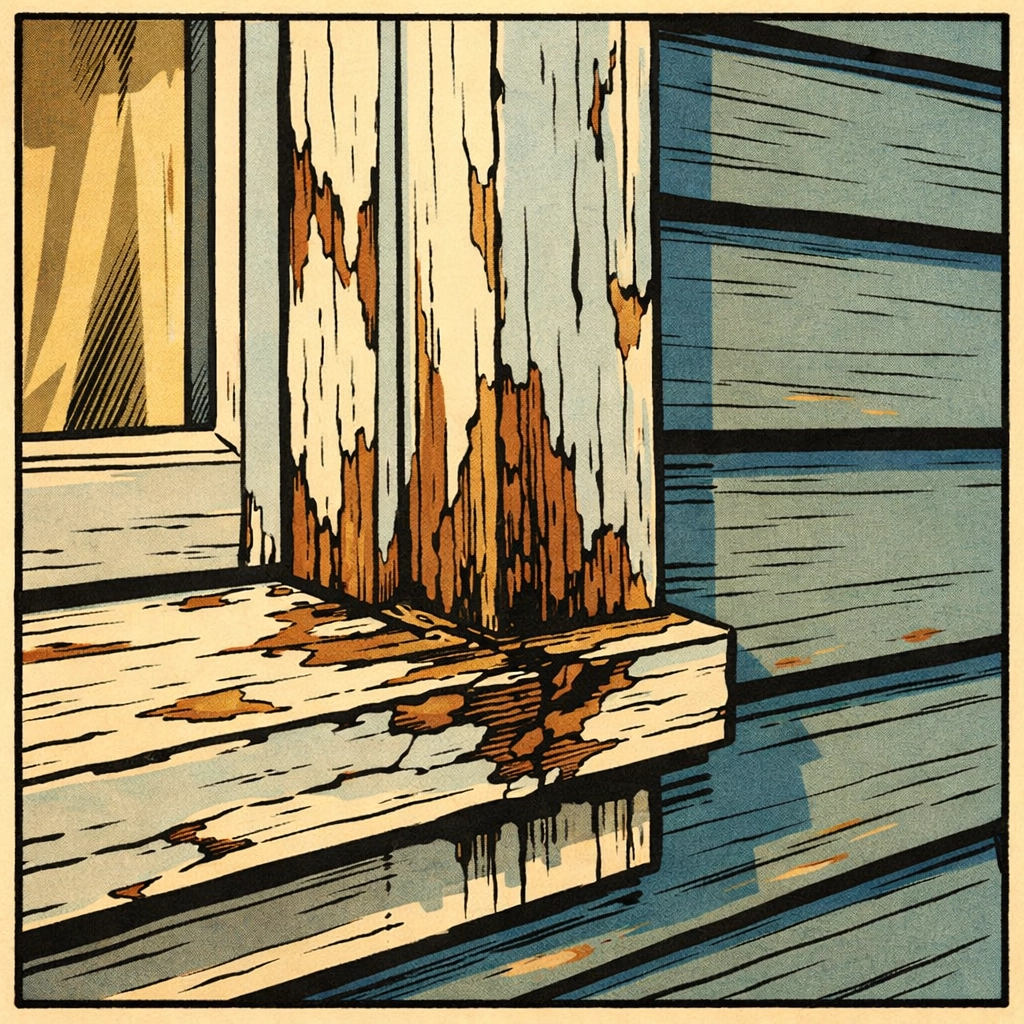 Damaged window frame carpentry with peeling paint on Nottingham NH home exterior