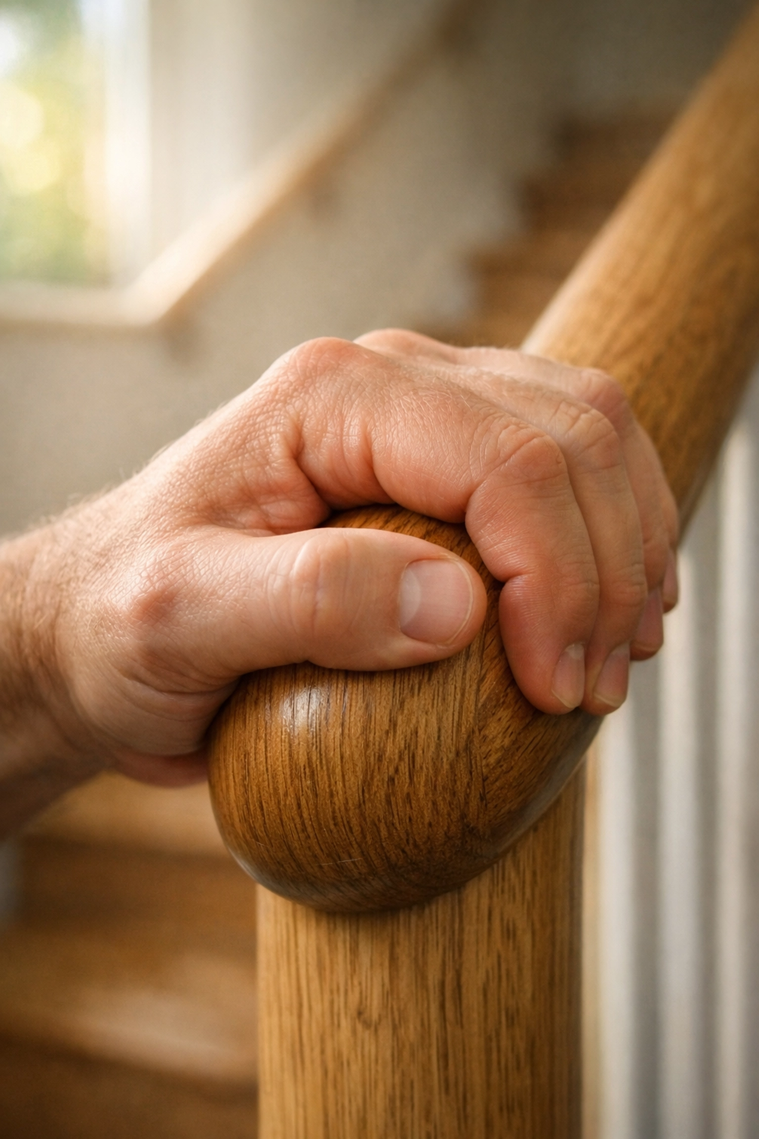 Close-up of a hand firmly grasping a rounded wooden handrail to demonstrate a secure grip for stair safety.