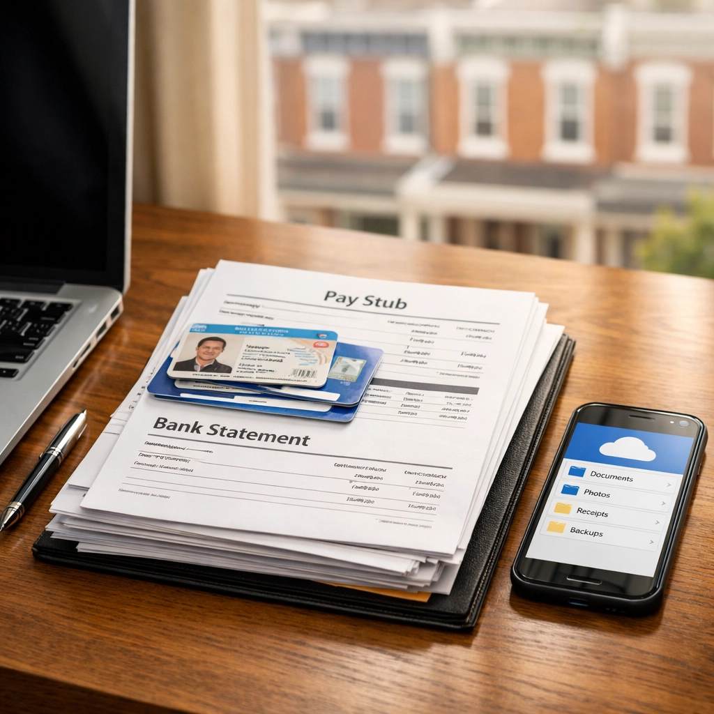 Organized rental application documents including pay stubs and ID for Philadelphia apartment