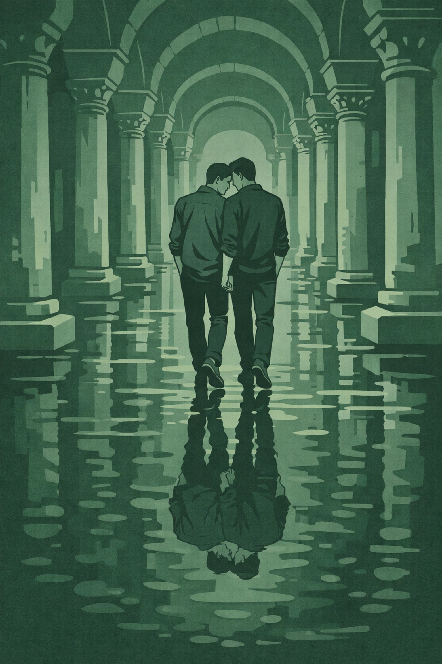 MM couple walking through ancient Basilica Cistern columns - forbidden Istanbul romance scene