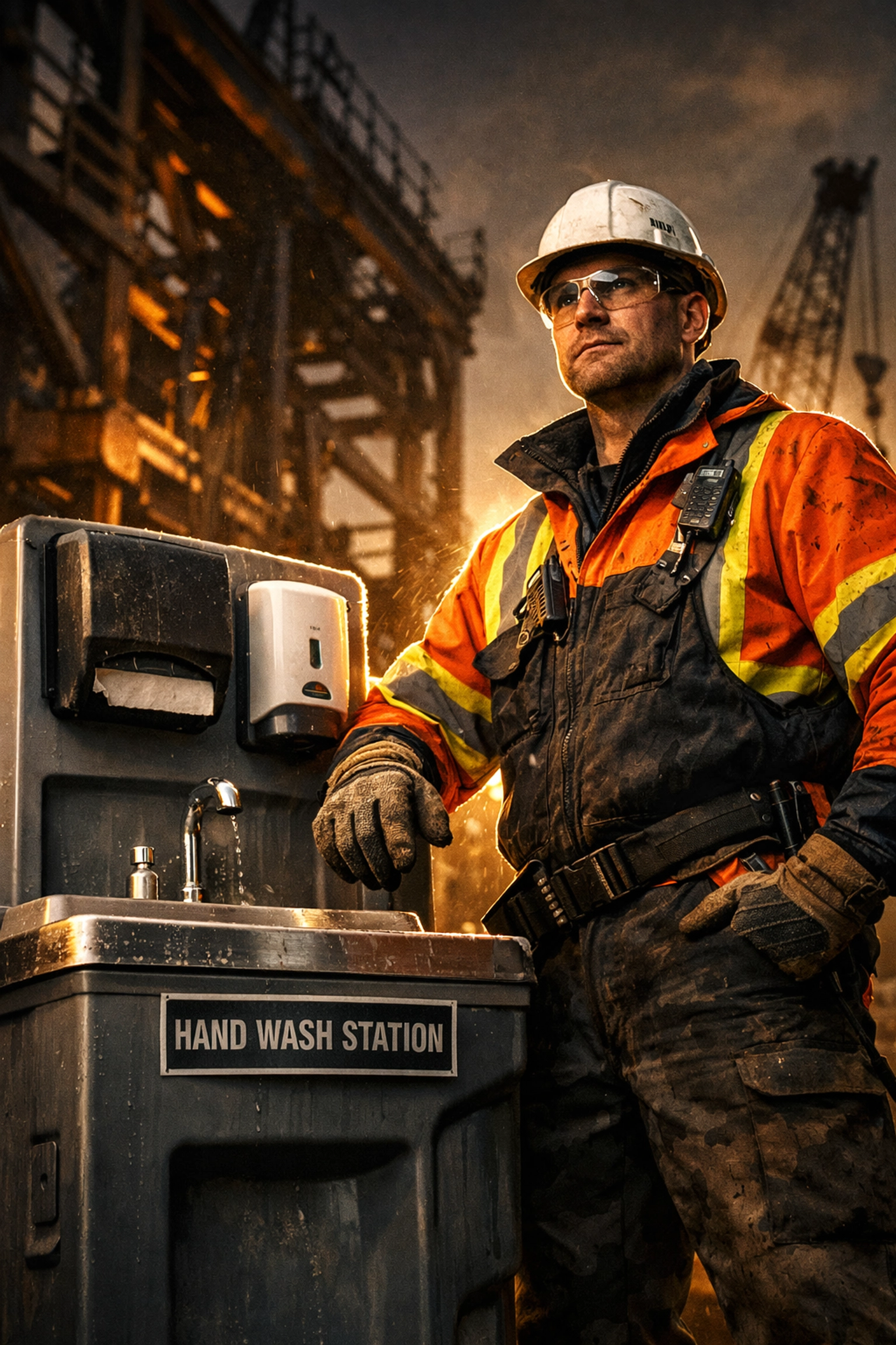 Professional technician inspecting a handwashing station rental in Fort Wayne for worksite safety.