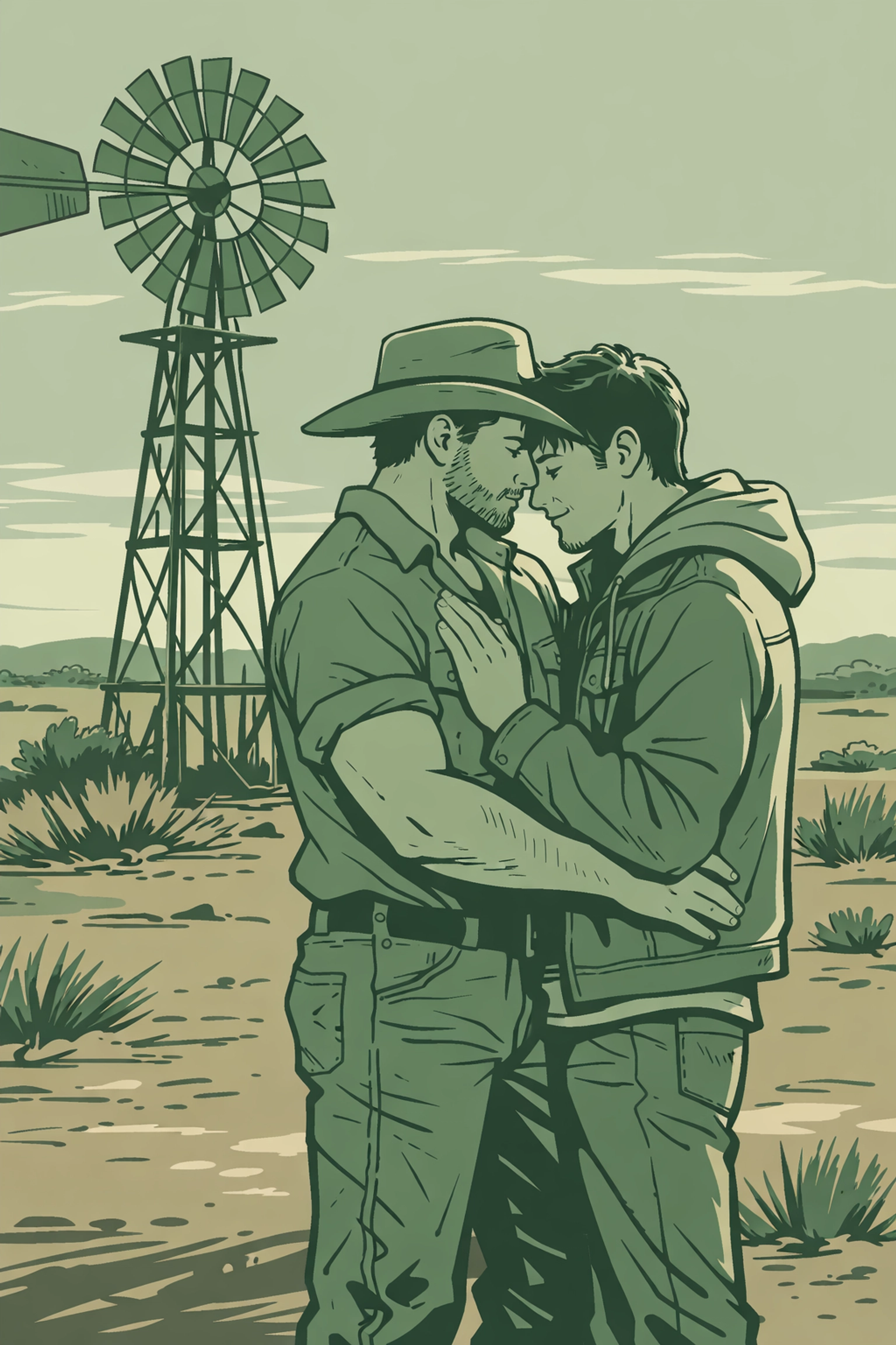 Men embracing at Outback windmill - forbidden gay romance in remote Australia MM fiction