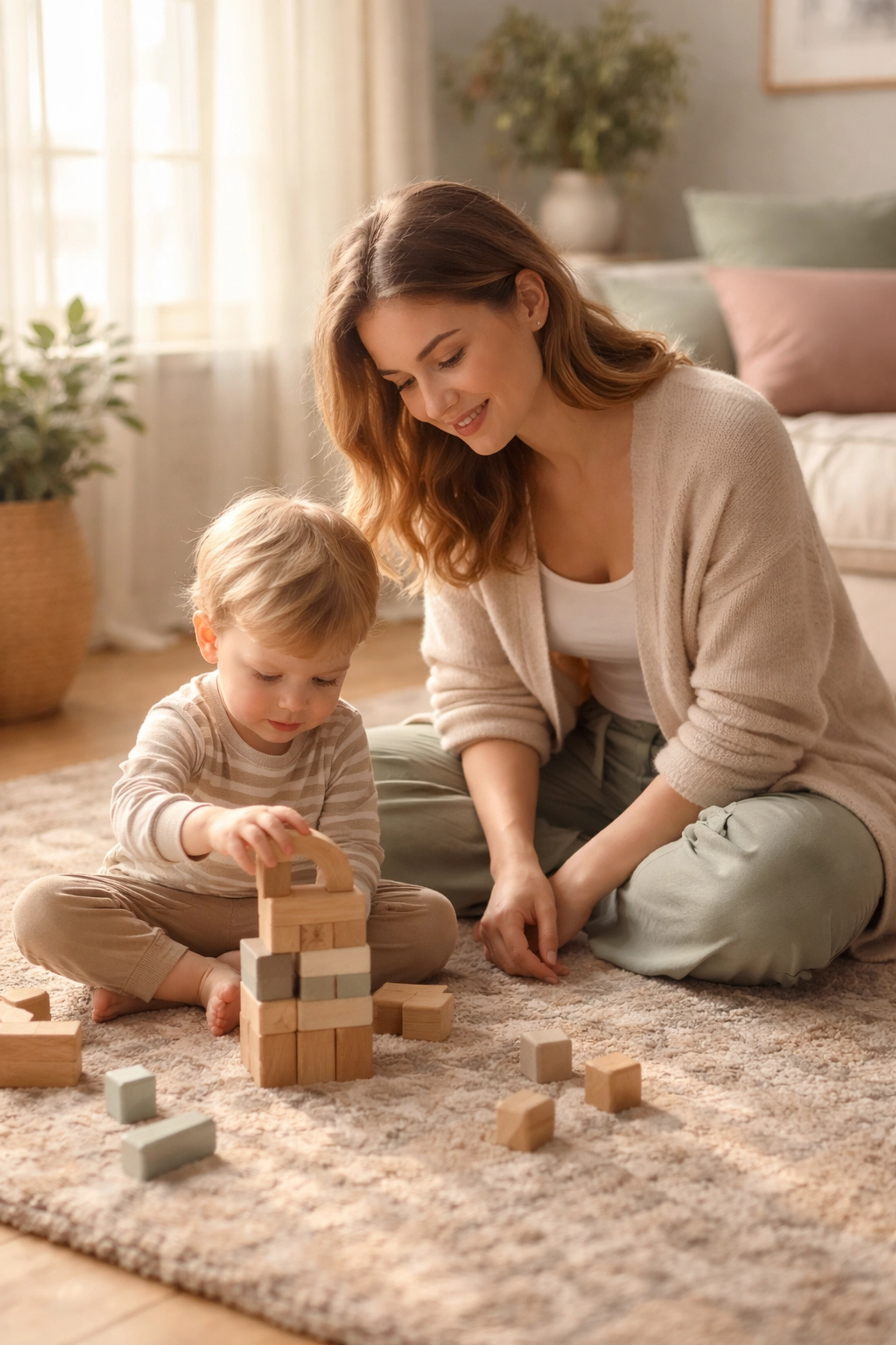 Mother and child bond on living room floor, illustrating child therapy support for emotional regulation in York and Durham region.
