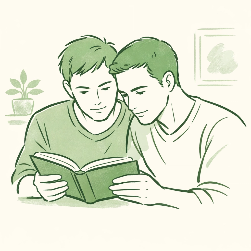 Two men reading together illustrating intimate connection in gay literature