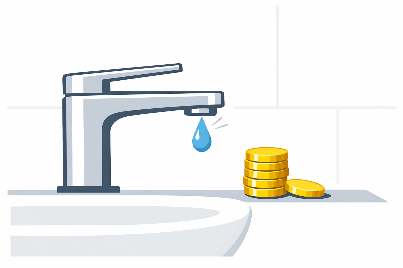 Dripping faucet with water waste and money loss visualization