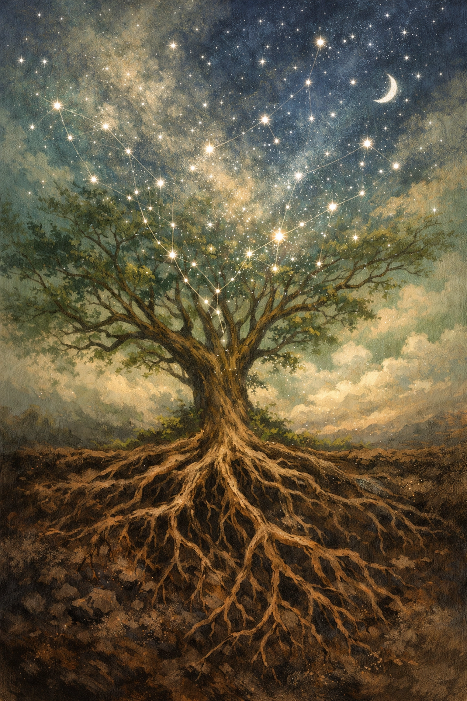 Deep tree roots connecting to a starry sky symbolizing the union of psychology and spiritual astrology.