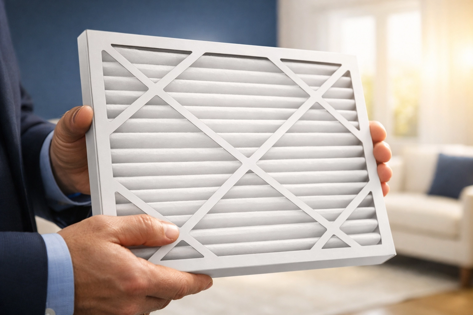 A person holding a brand-new clean white pleated air filter in a bright modern home.