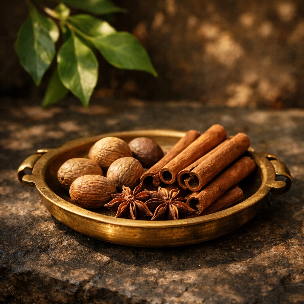 Premium whole cinnamon quills and biriyani spices displayed on a traditional brass plate.
