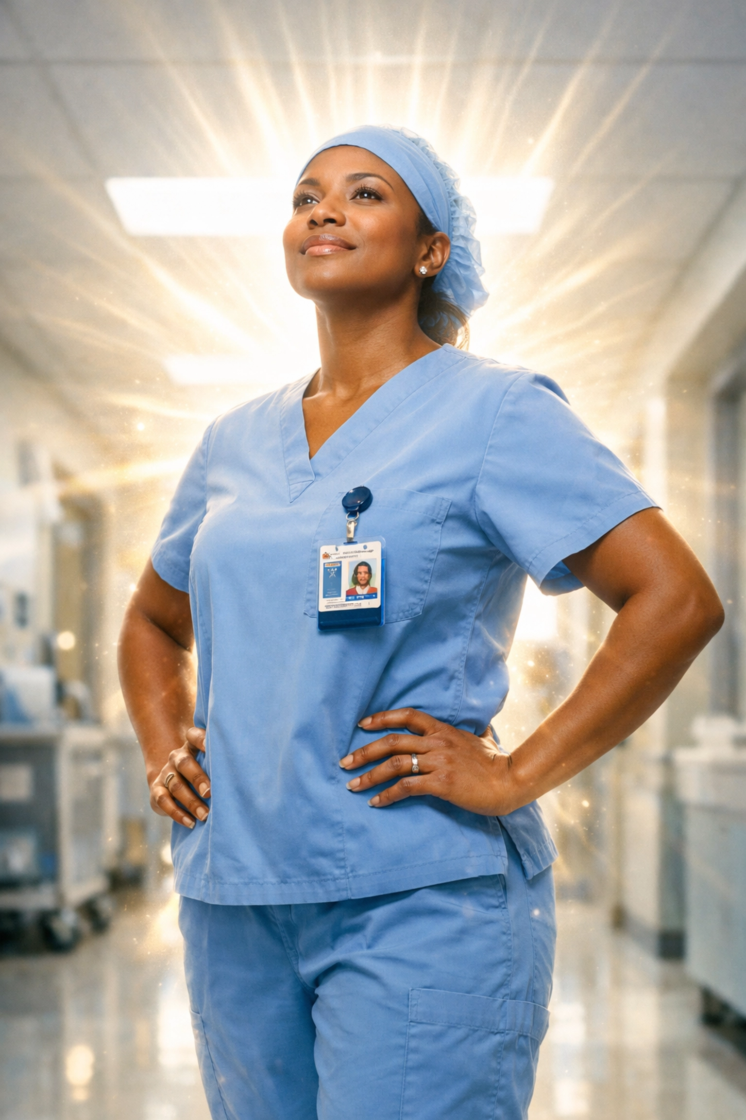 Night shift worker in uniform standing confidently with Holy Spirit empowerment at workplace