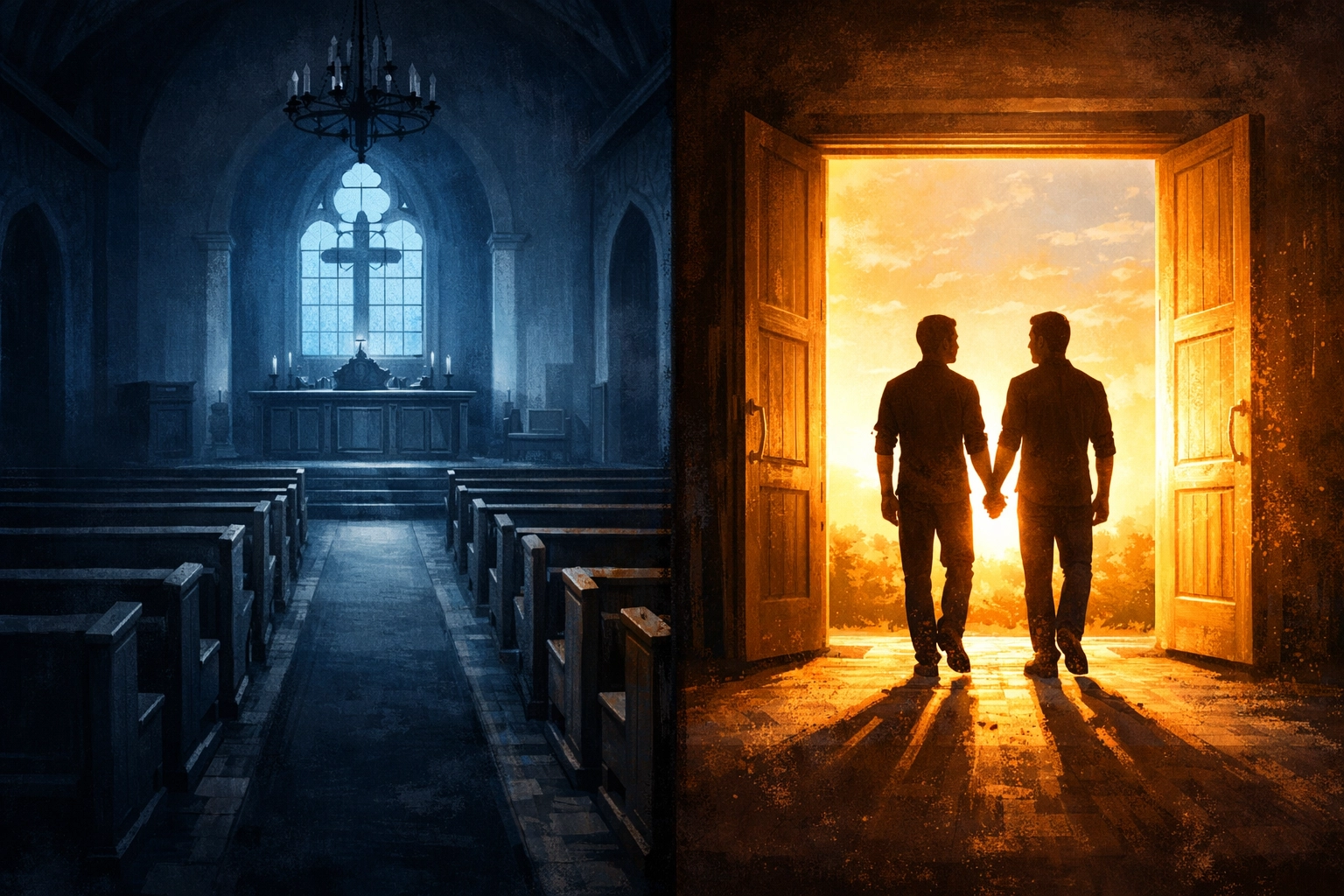 Church crossroads showing traditional faith versus LGBTQ+ acceptance and freedom
