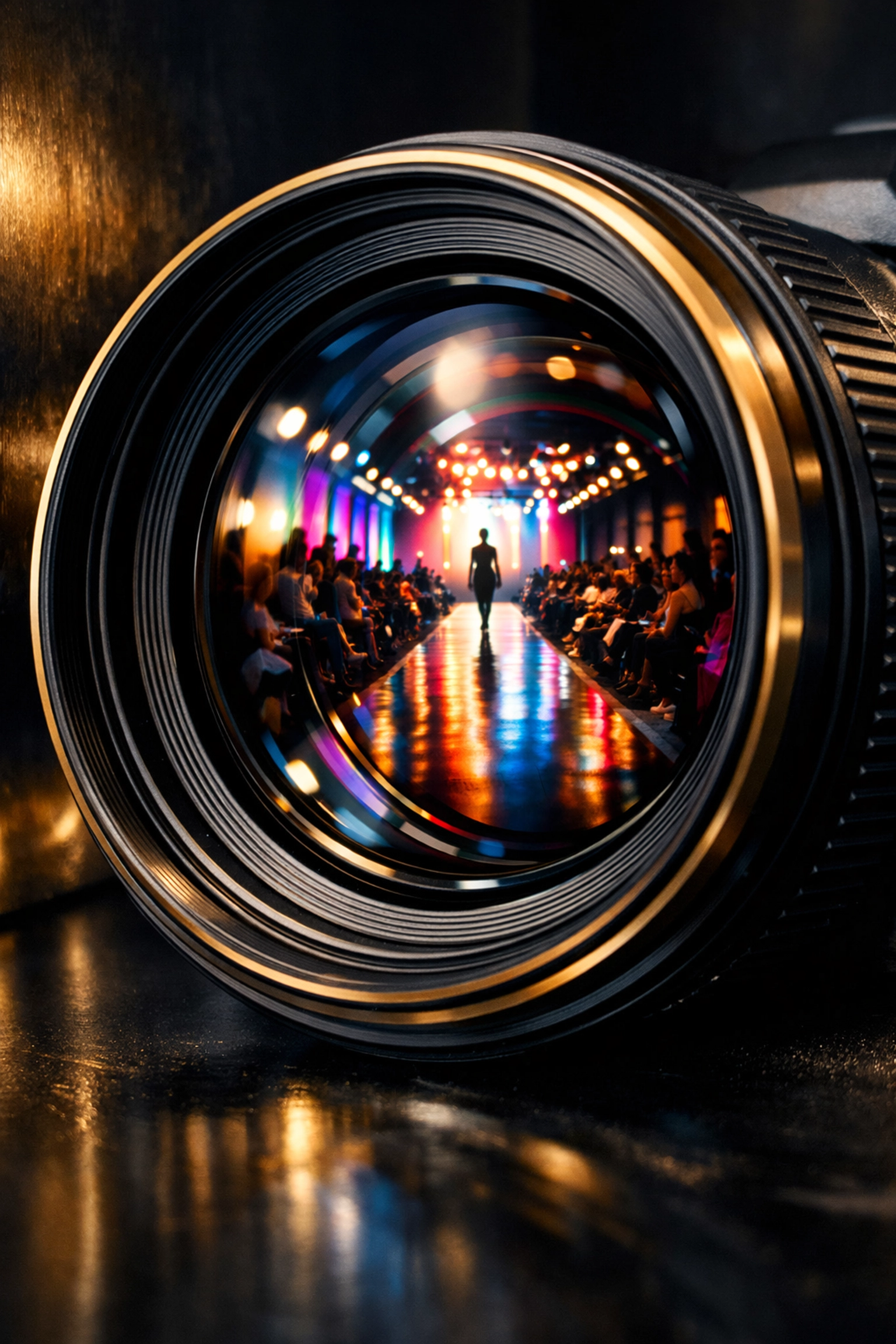 Close-up of a professional camera lens reflecting a runway show to highlight high-impact visual design.